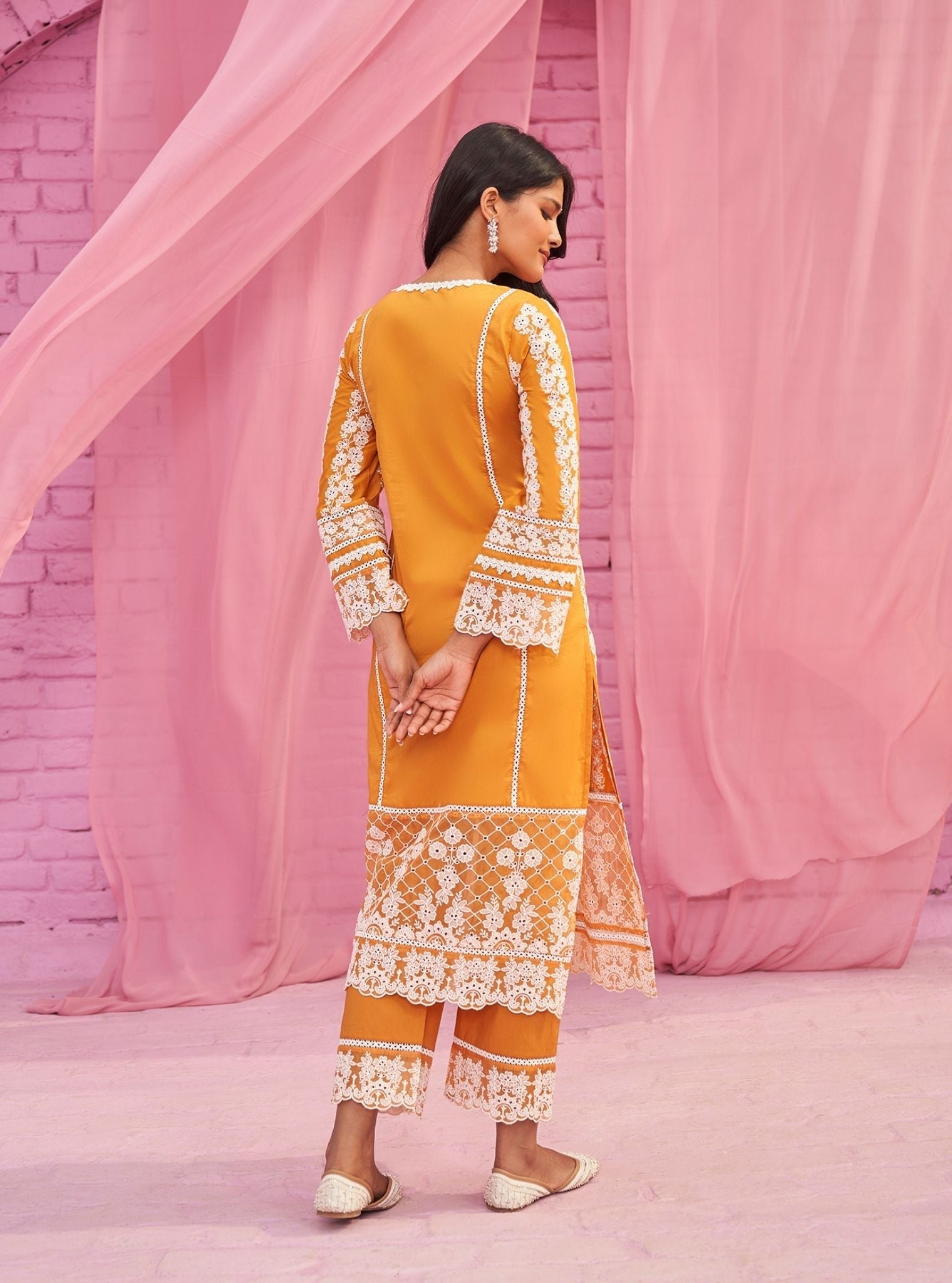 Mulmul Cotton Tamaya Orange Kurta With Mulmul Cotton Tamaya Orange Pant