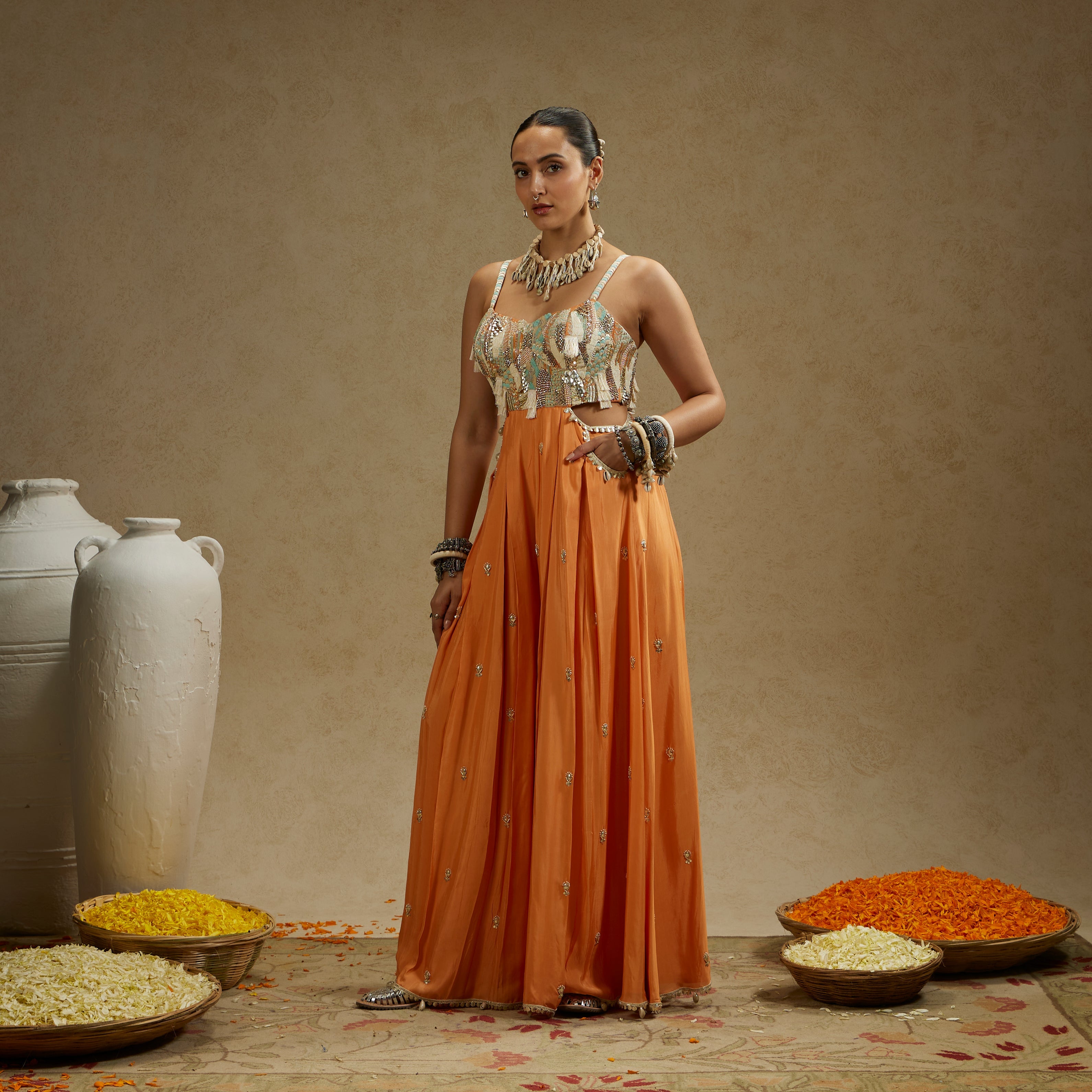 Orange Embellished Jumpsuit With Pockets