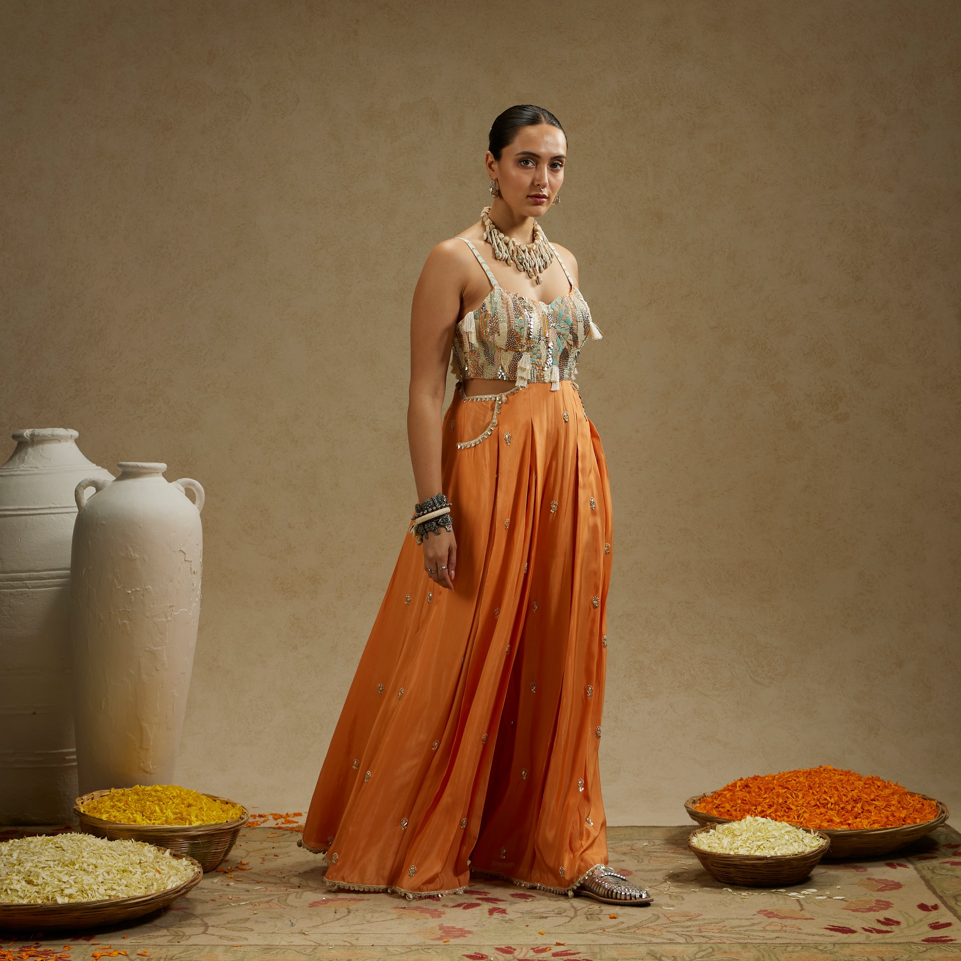 Orange Embellished Jumpsuit With Pockets