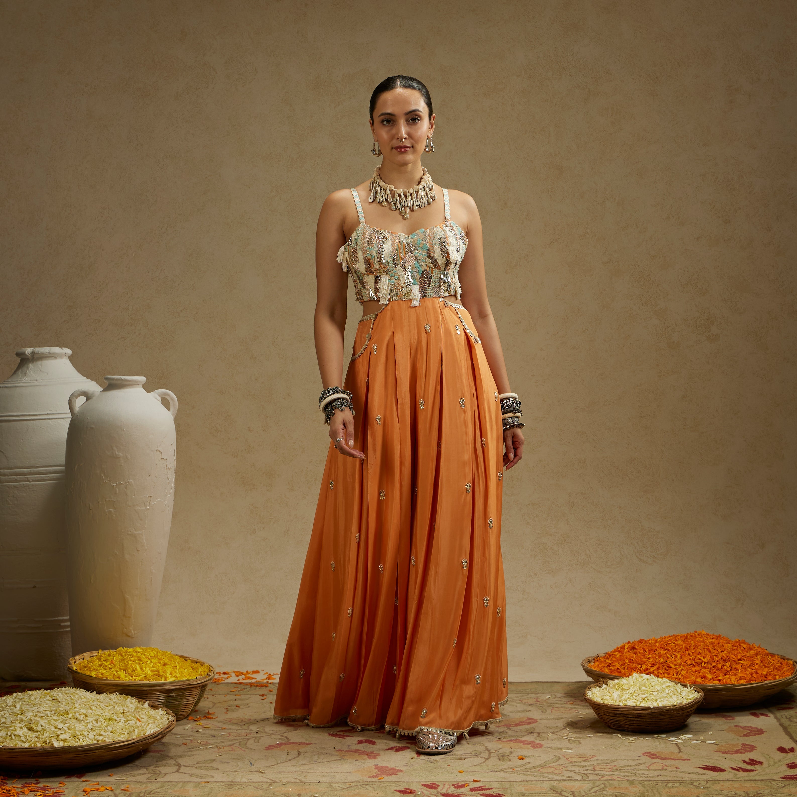 Orange Embellished Jumpsuit With Pockets
