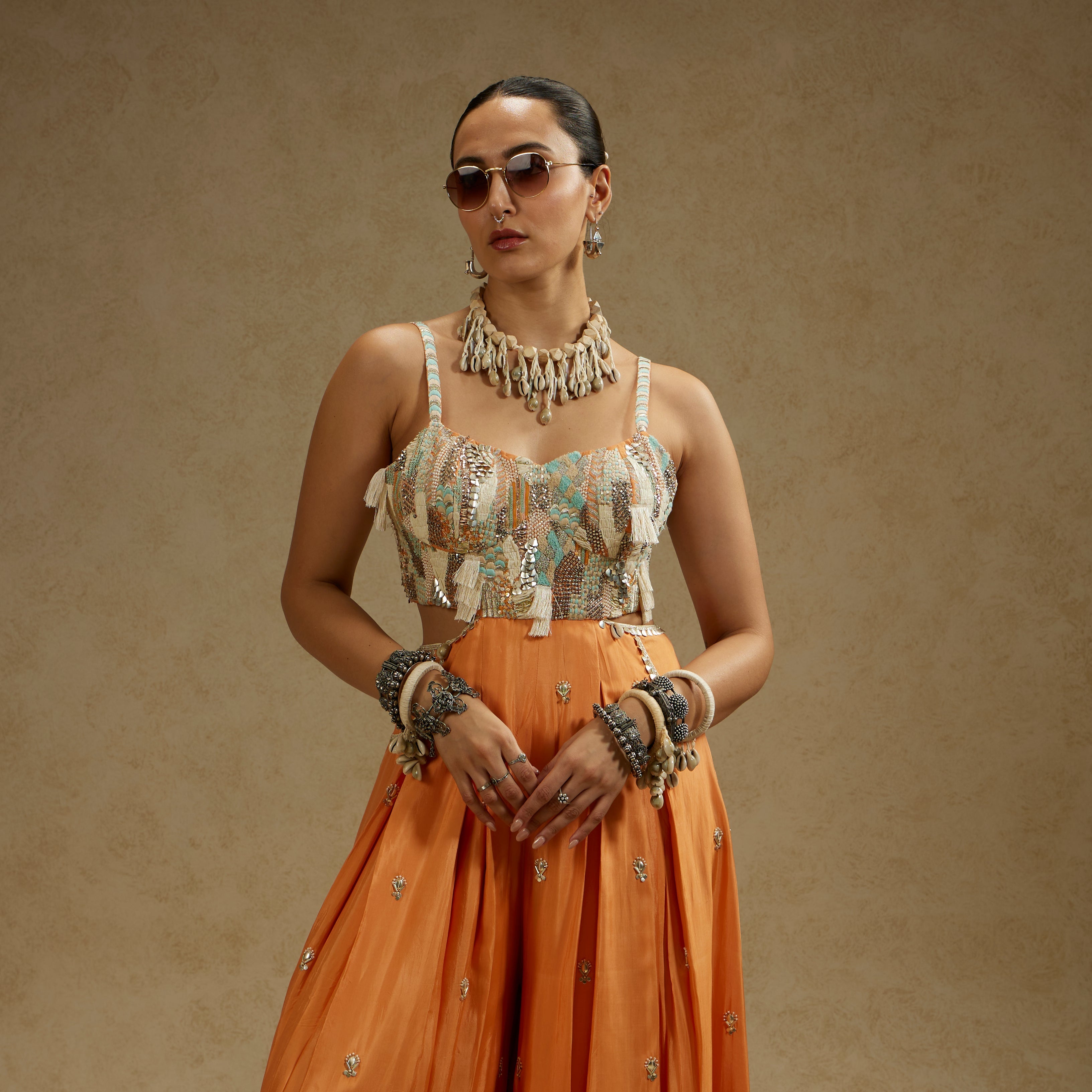 Orange Embellished Jumpsuit With Pockets