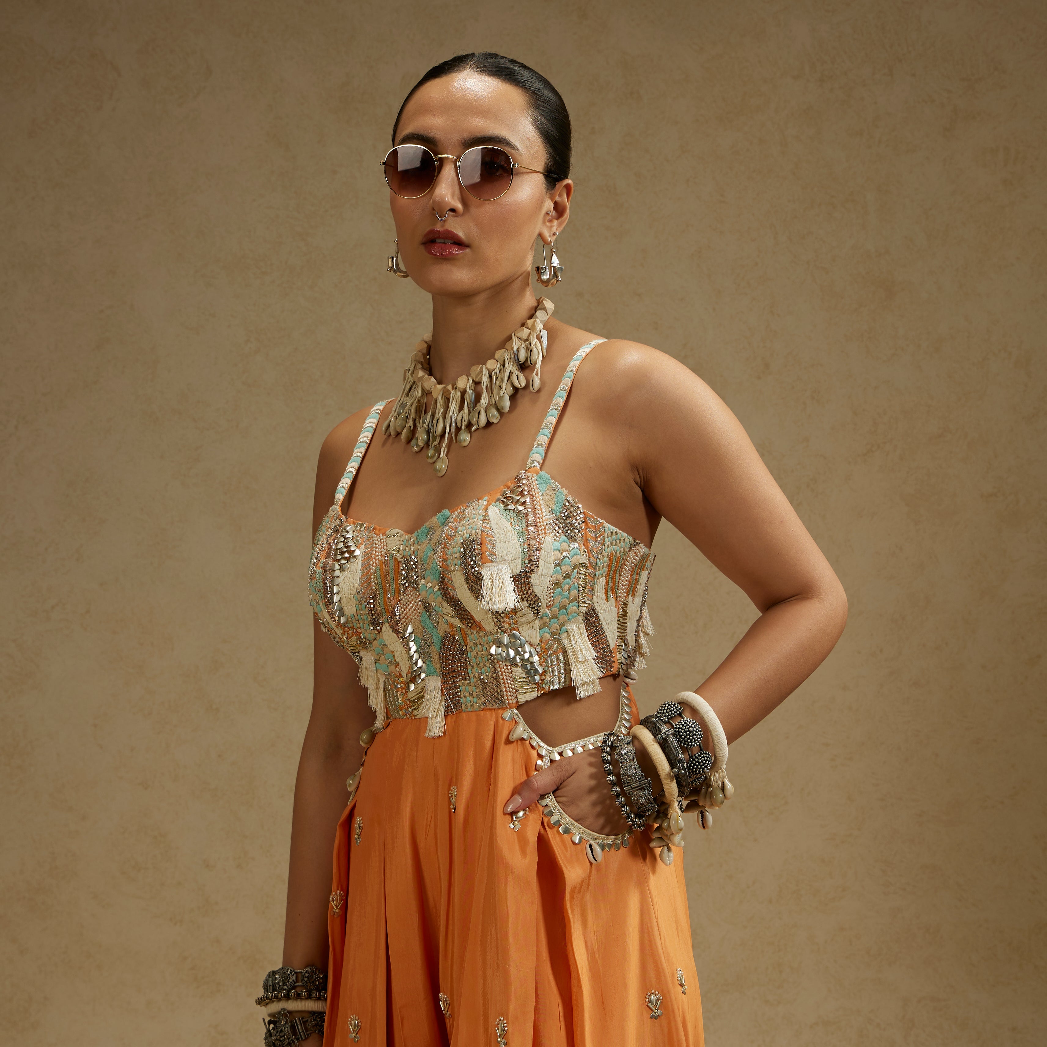 Orange Embellished Jumpsuit With Pockets