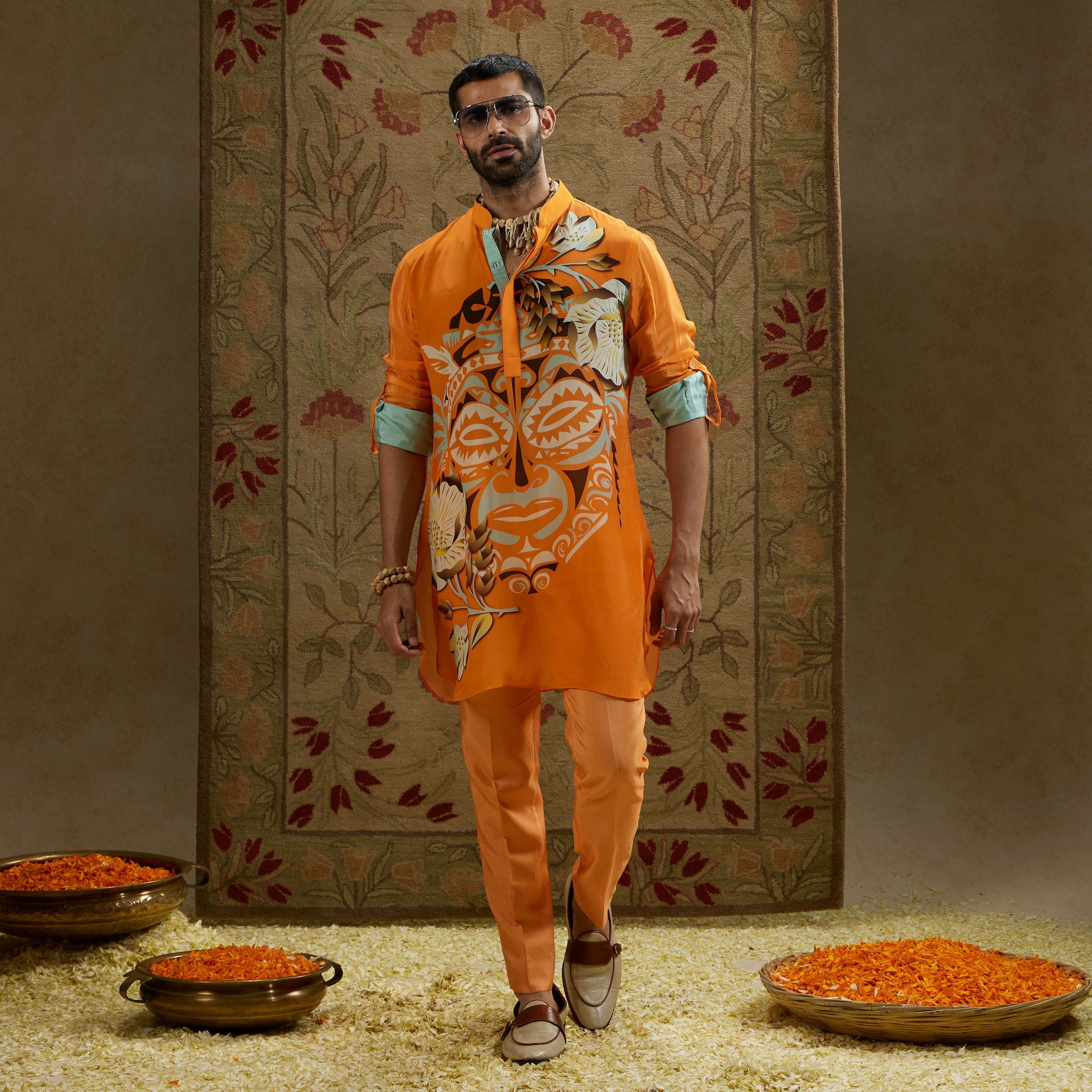 Orange Mask Print Rolled Up Sleeves