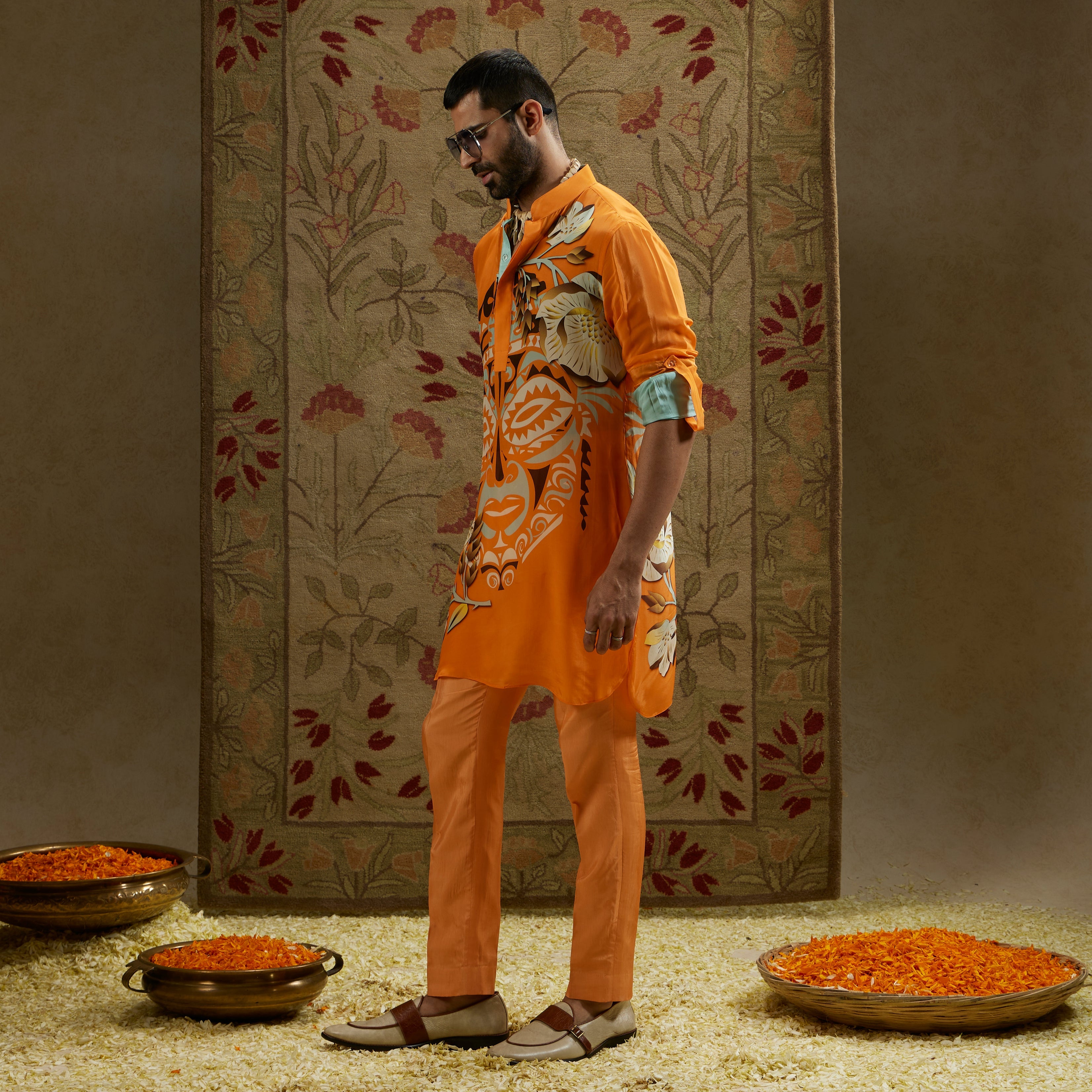 Orange Mask Print Rolled Up Sleeves