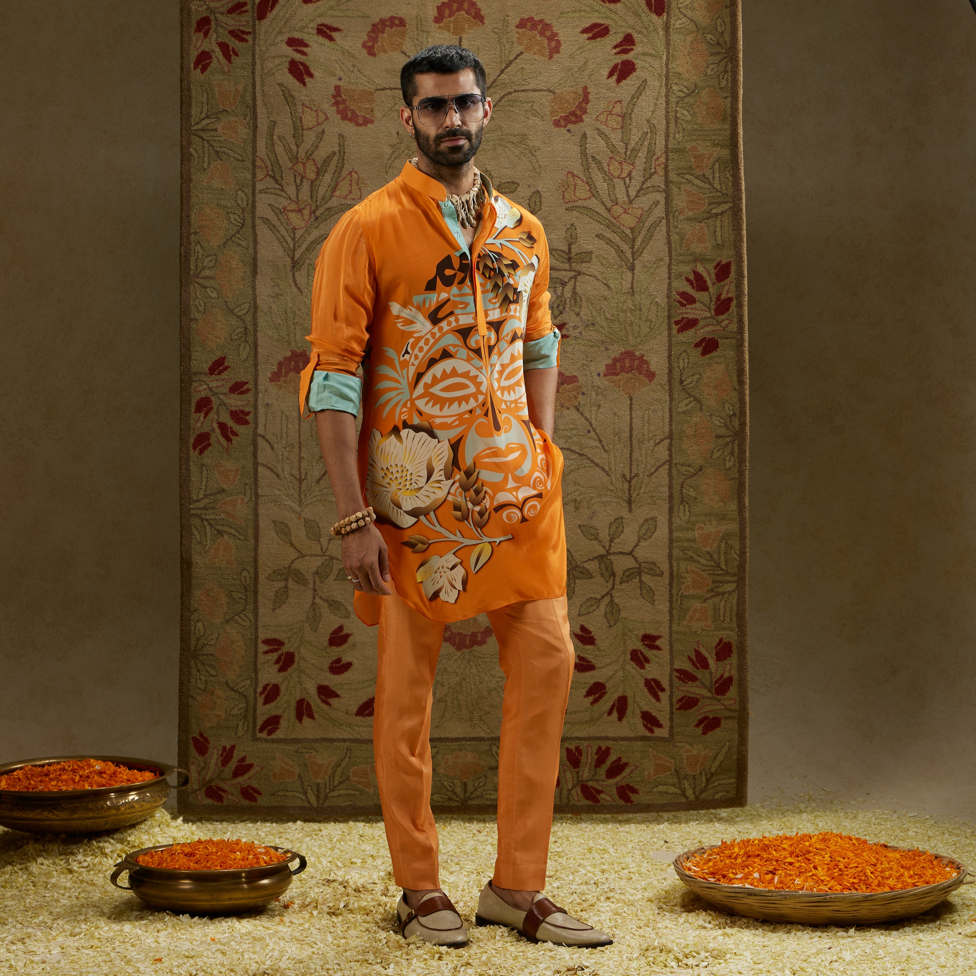 Orange Mask Print Rolled Up Sleeves