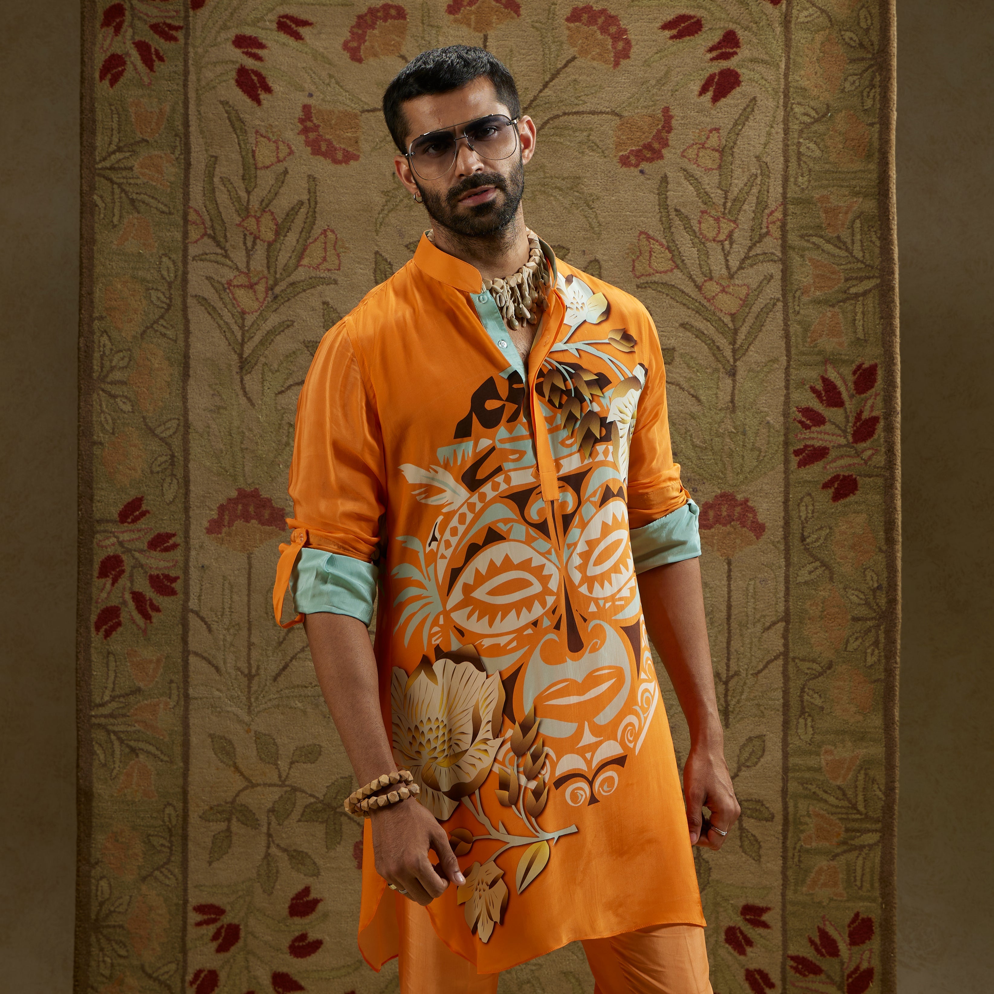 Orange Mask Print Rolled Up Sleeves