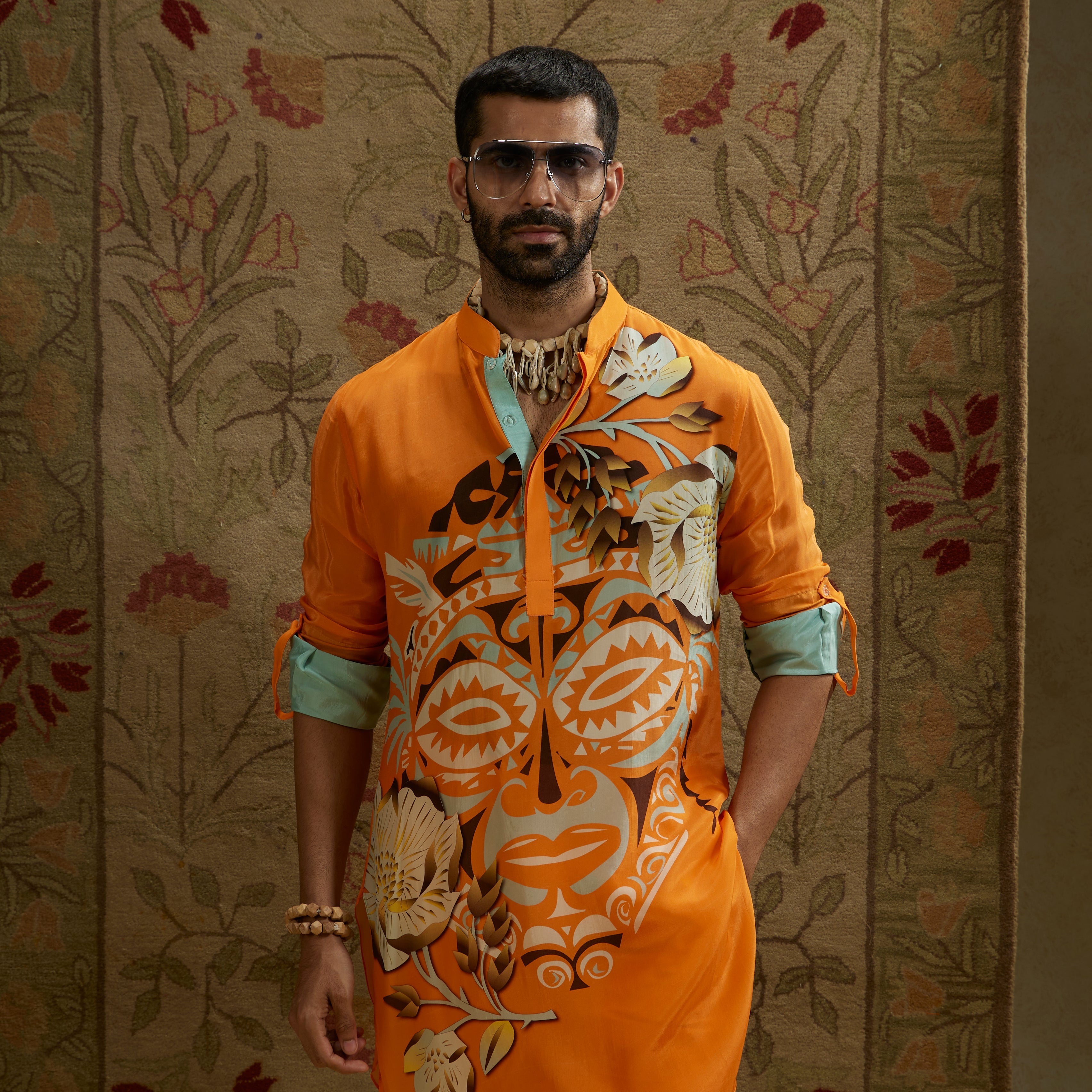 Orange Mask Print Rolled Up Sleeves