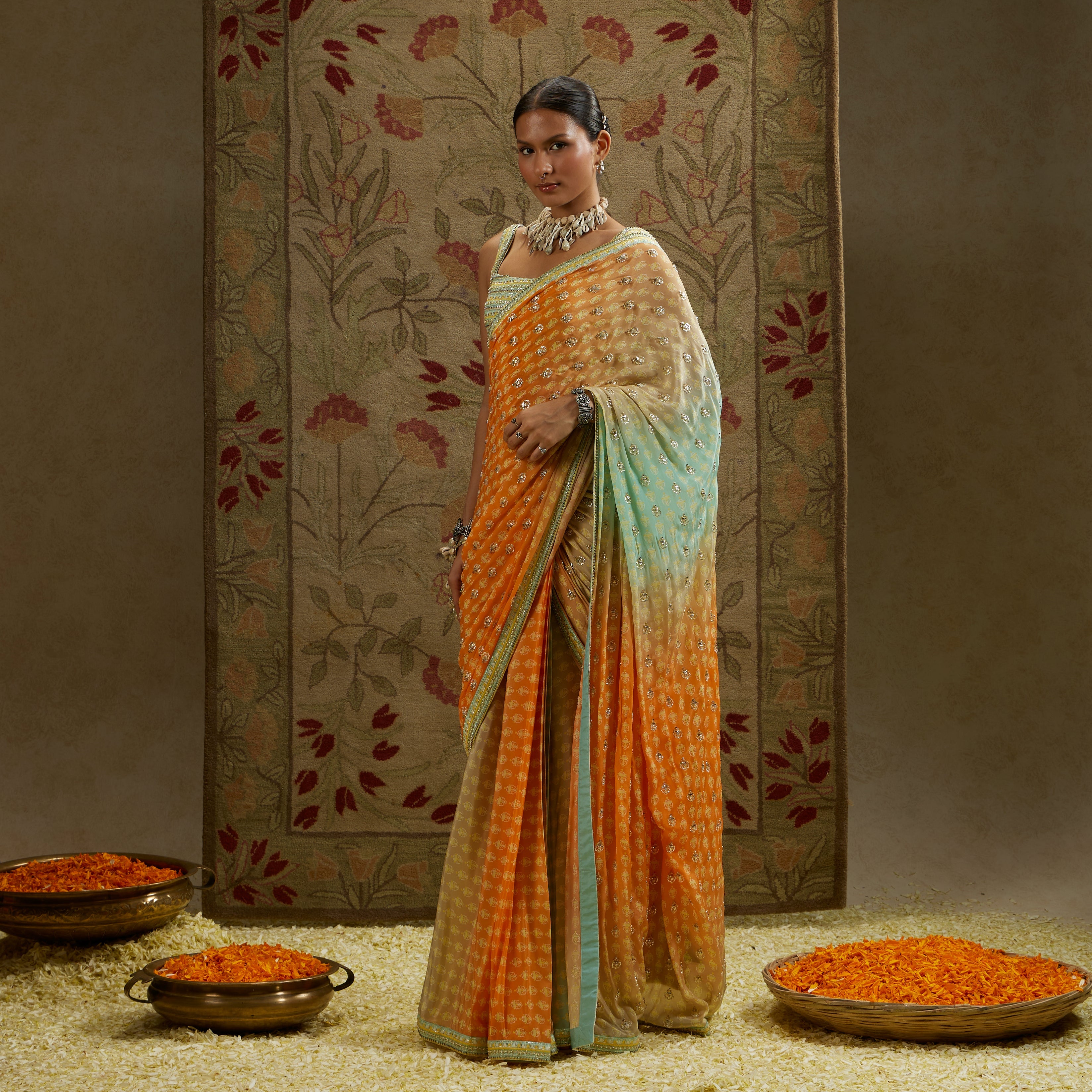 Teal Blue Orangza Embellished Saree Paired With Embellished Blouse