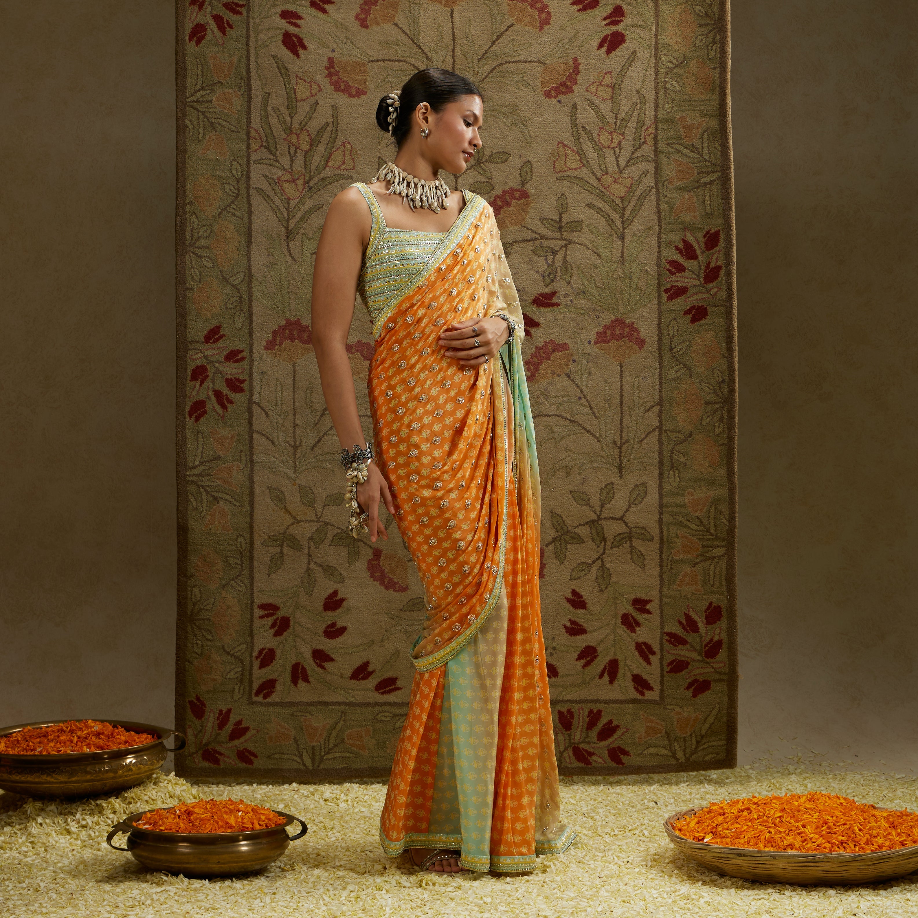 Teal Blue Orangza Embellished Saree Paired With Embellished Blouse