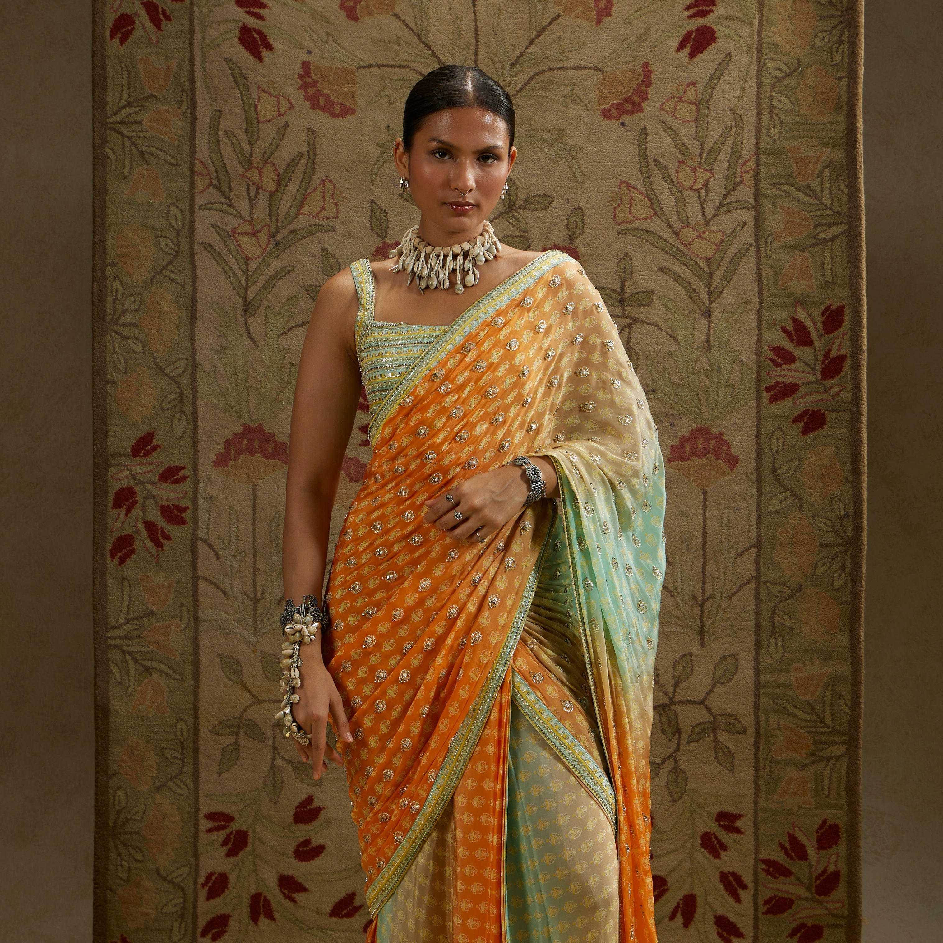 Teal Blue Orangza Embellished Saree Paired With Embellished Blouse