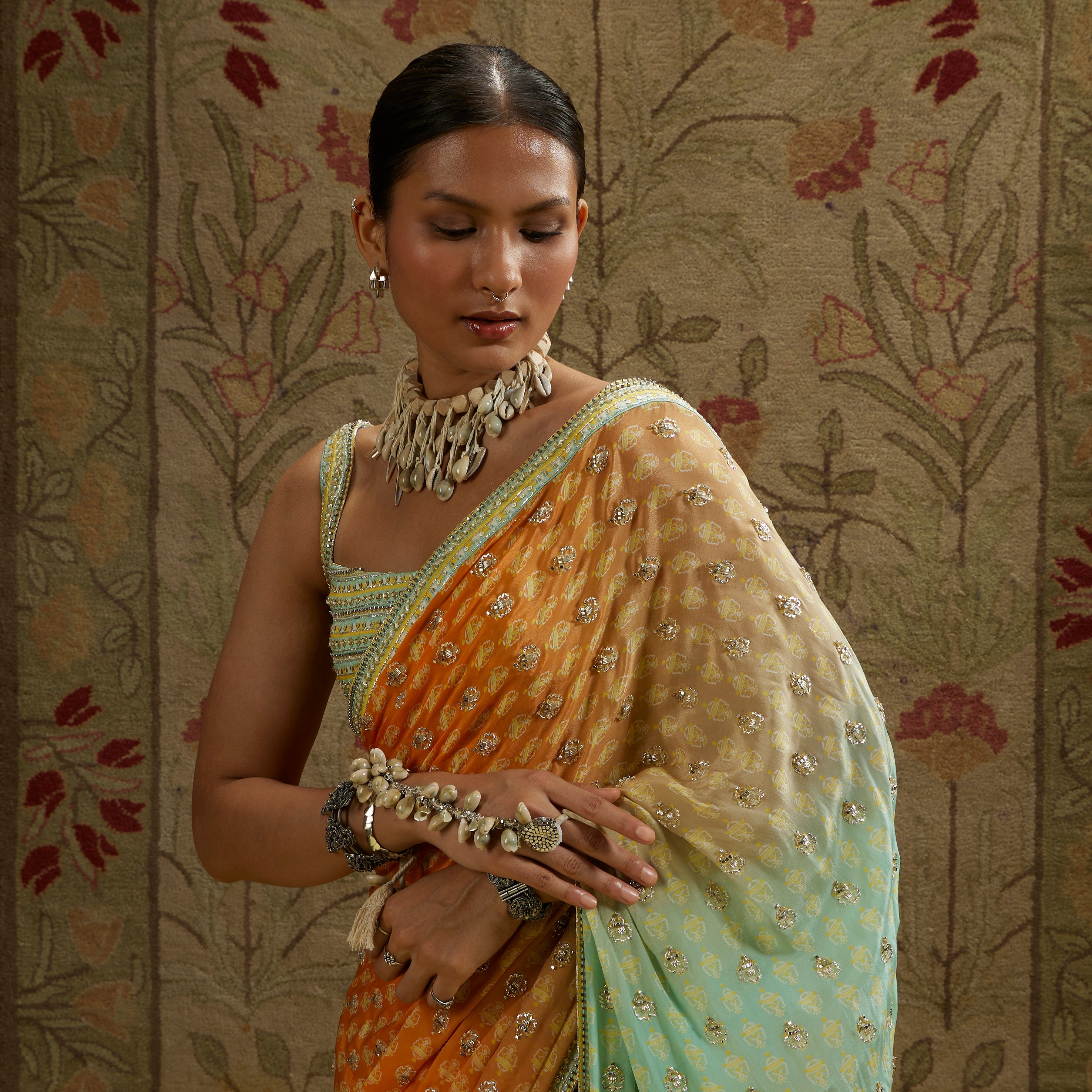 Teal Blue Orangza Embellished Saree Paired With Embellished Blouse