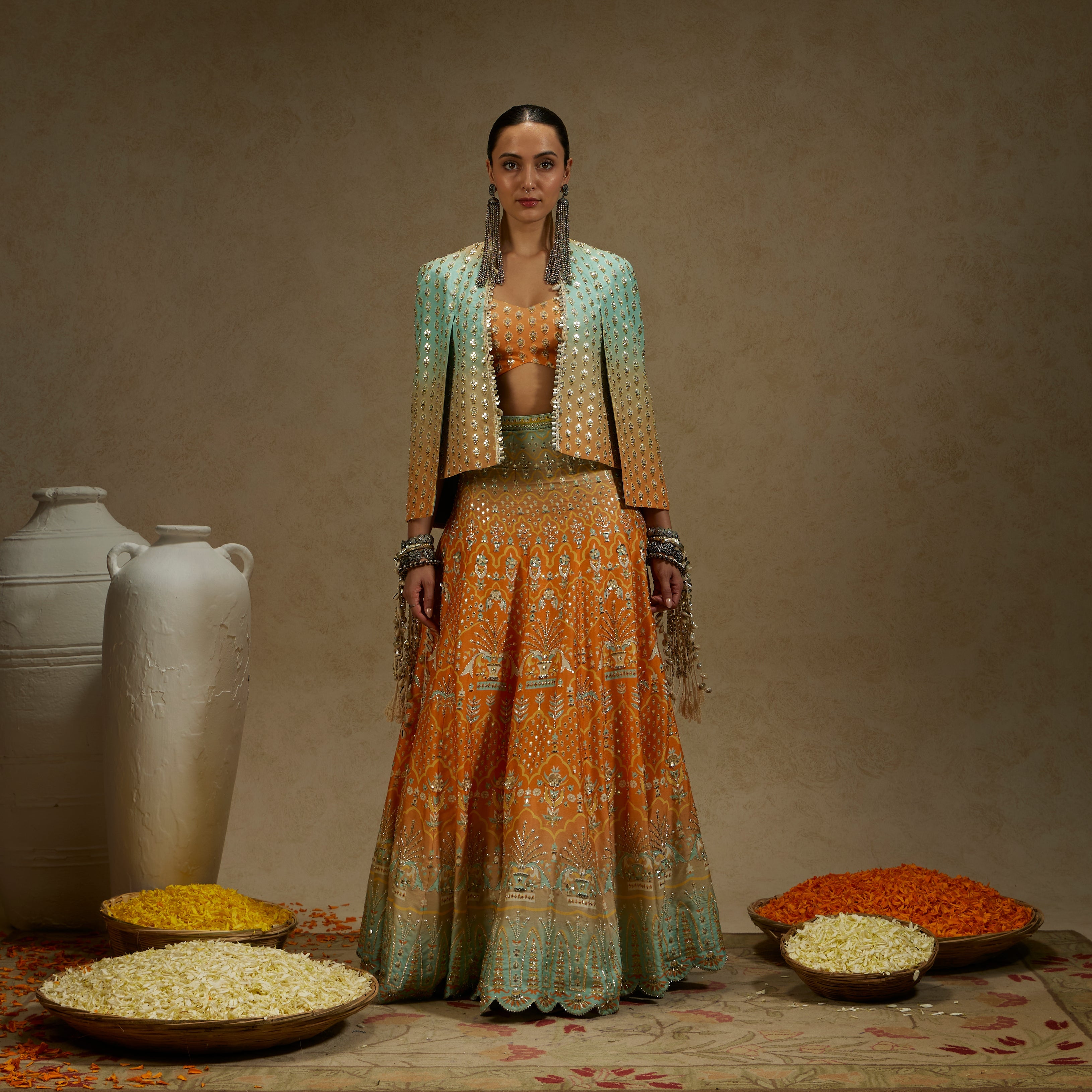 Orange Blue Embellished Noor Jacket Paired With Embellished Bustier And Ombre Embellished Lehenga