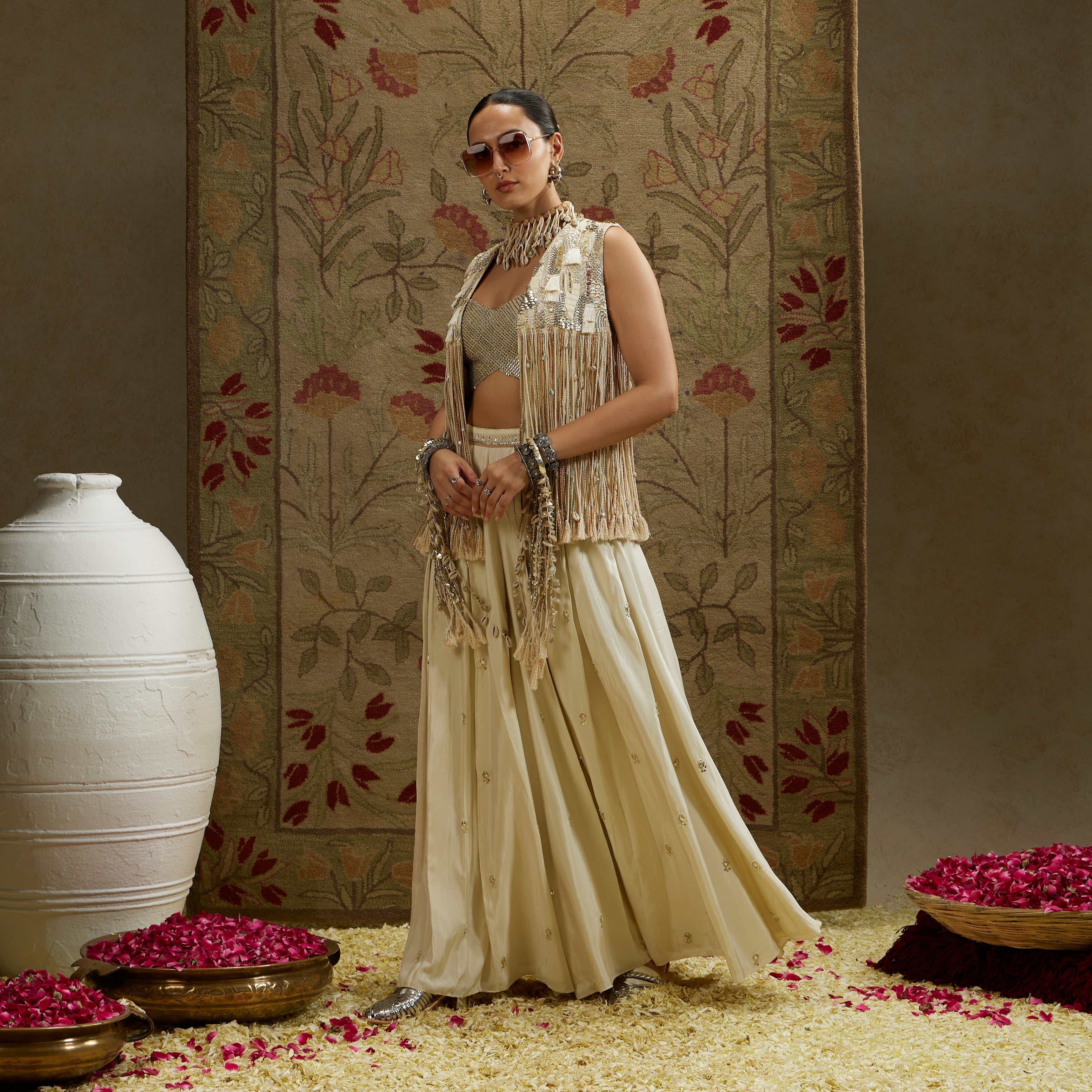 Magnolia Threadwork Fringe Jacket Paired Wth Metallic Bustier And Embellised Flared Pants