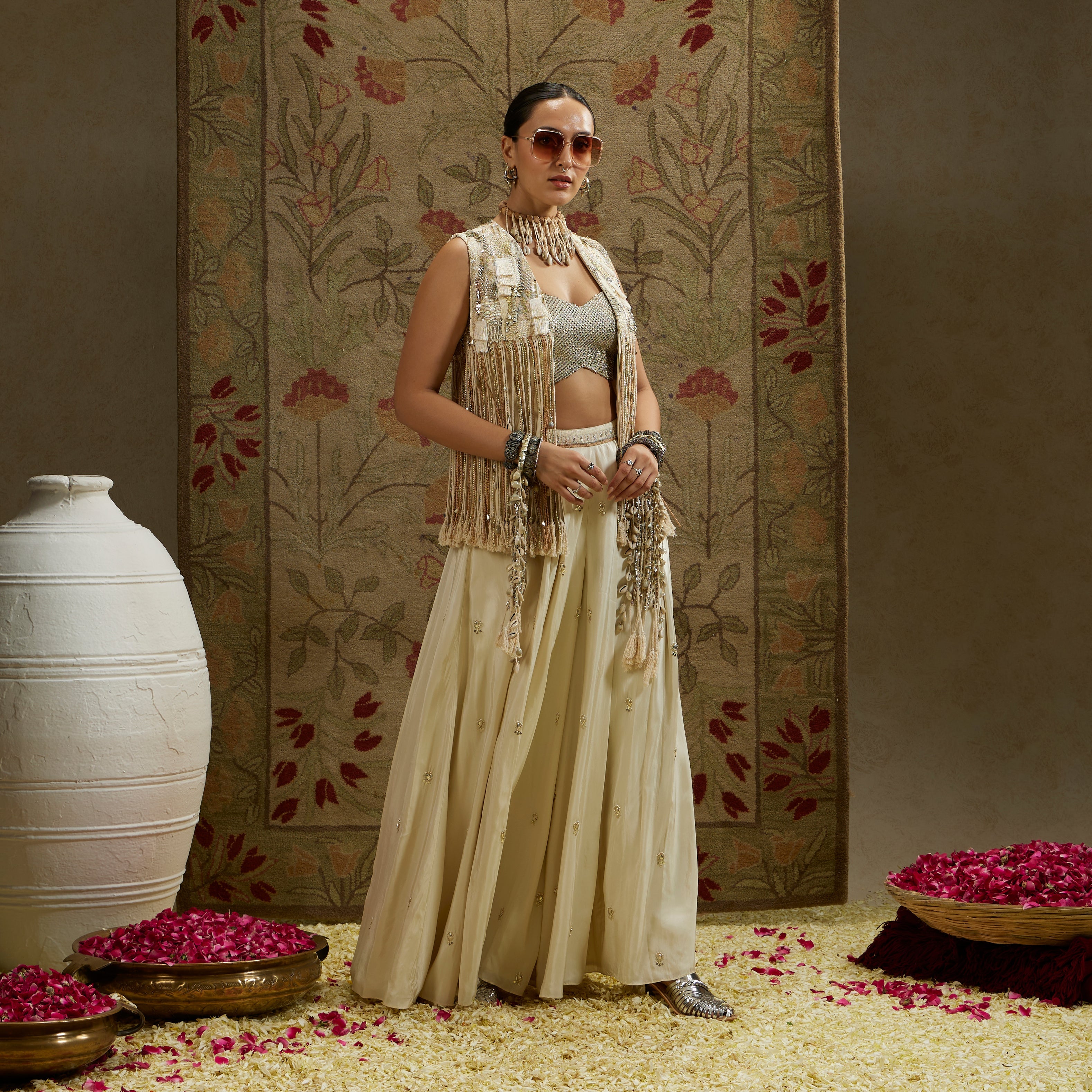Magnolia Threadwork Fringe Jacket Paired Wth Metallic Bustier And Embellised Flared Pants