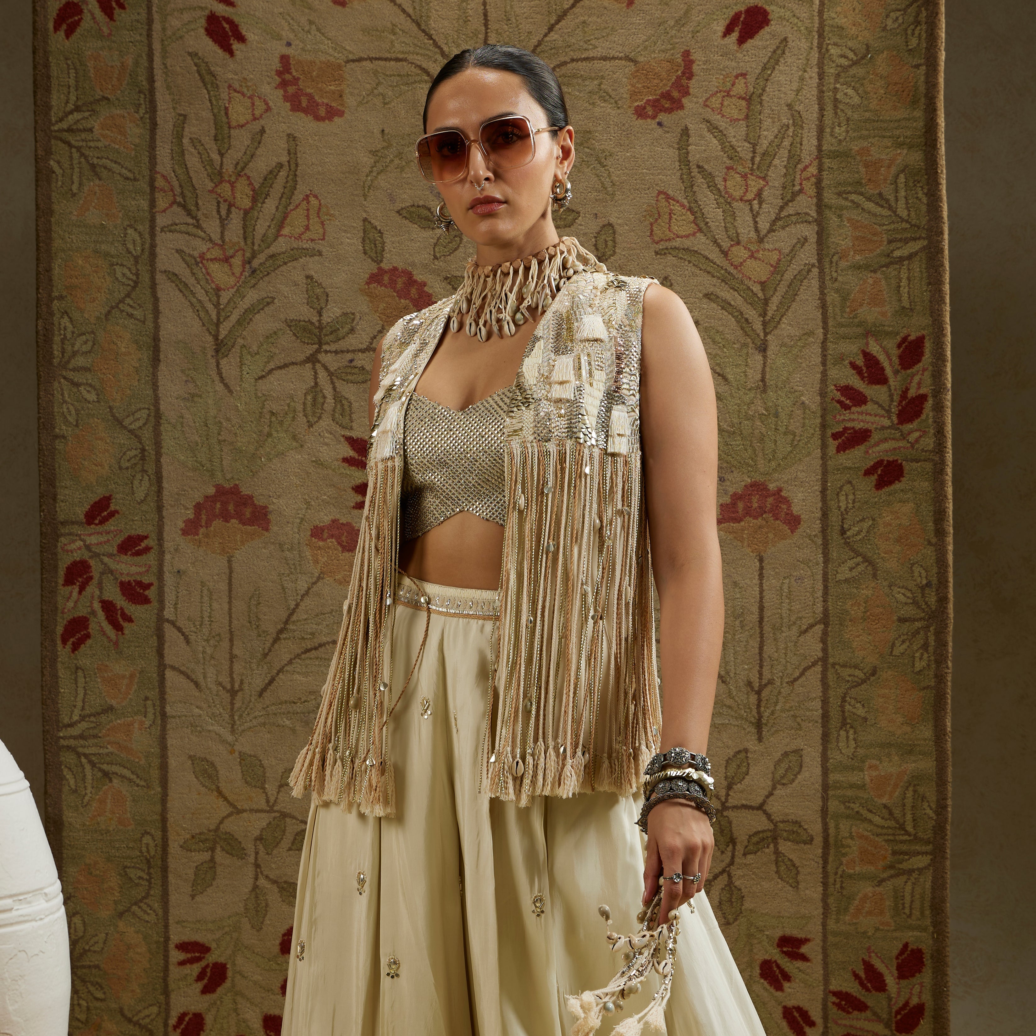 Magnolia Threadwork Fringe Jacket Paired Wth Metallic Bustier And Embellised Flared Pants