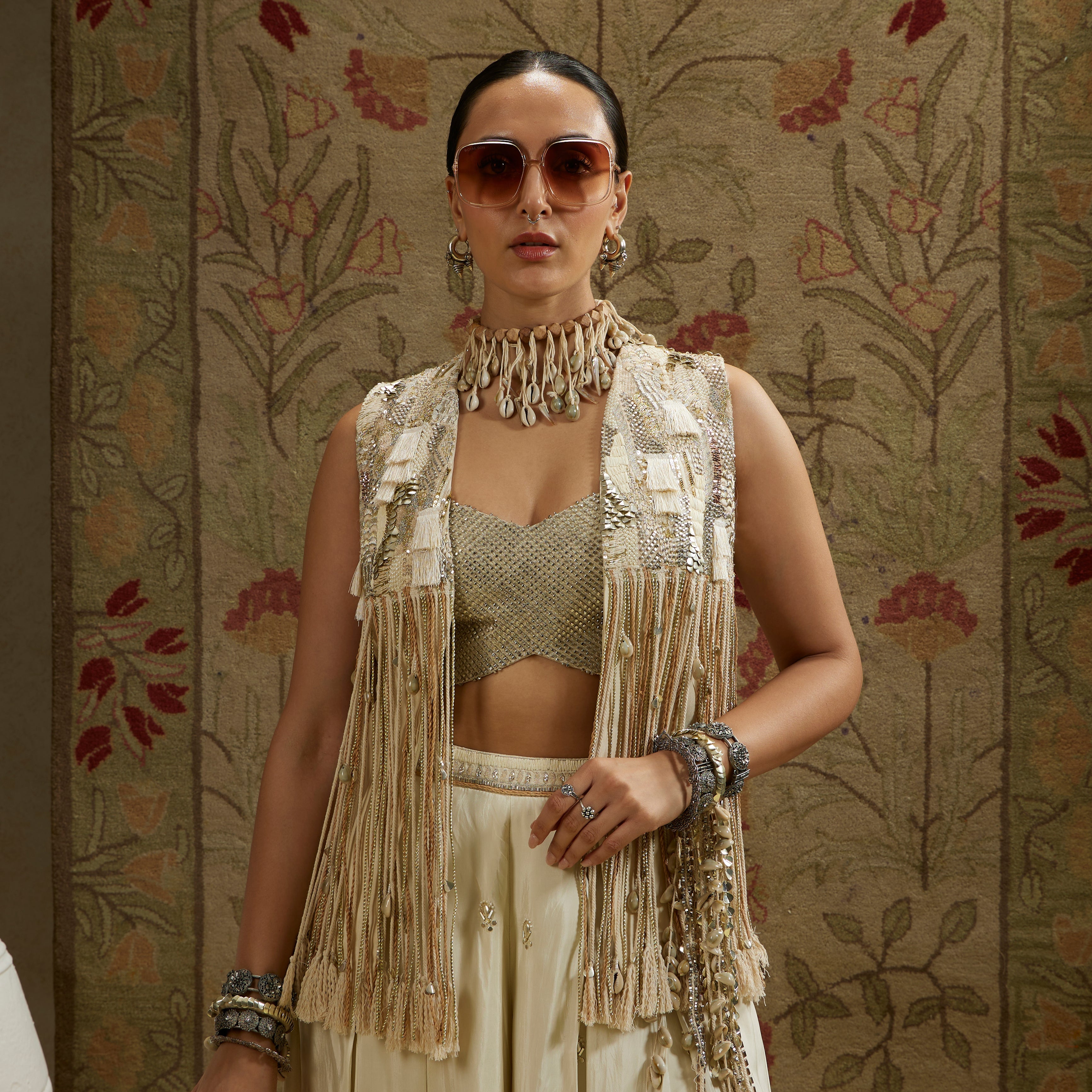 Magnolia Threadwork Fringe Jacket Paired Wth Metallic Bustier And Embellised Flared Pants