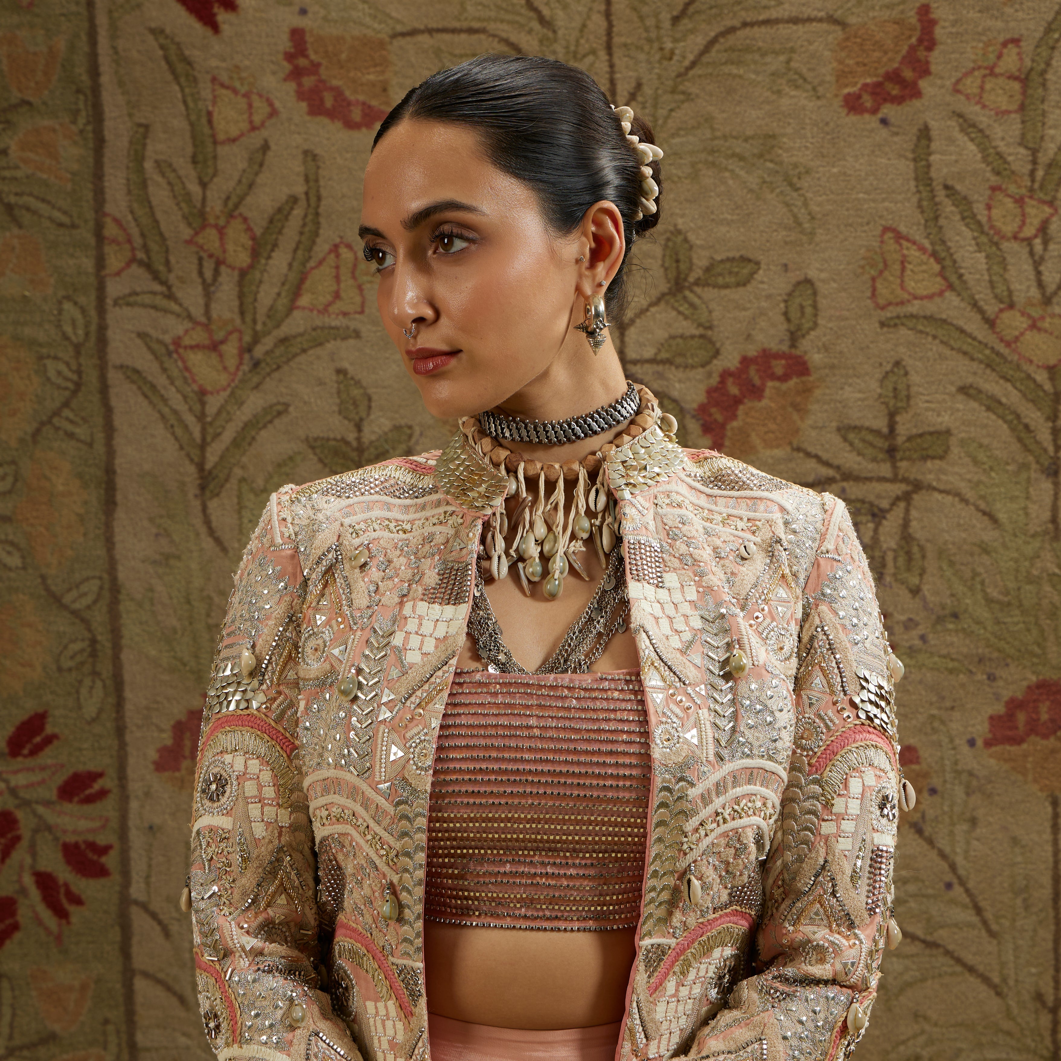 Pink Embellsihed Jacket Paired With Bustier And Embellished Pleated Pants
