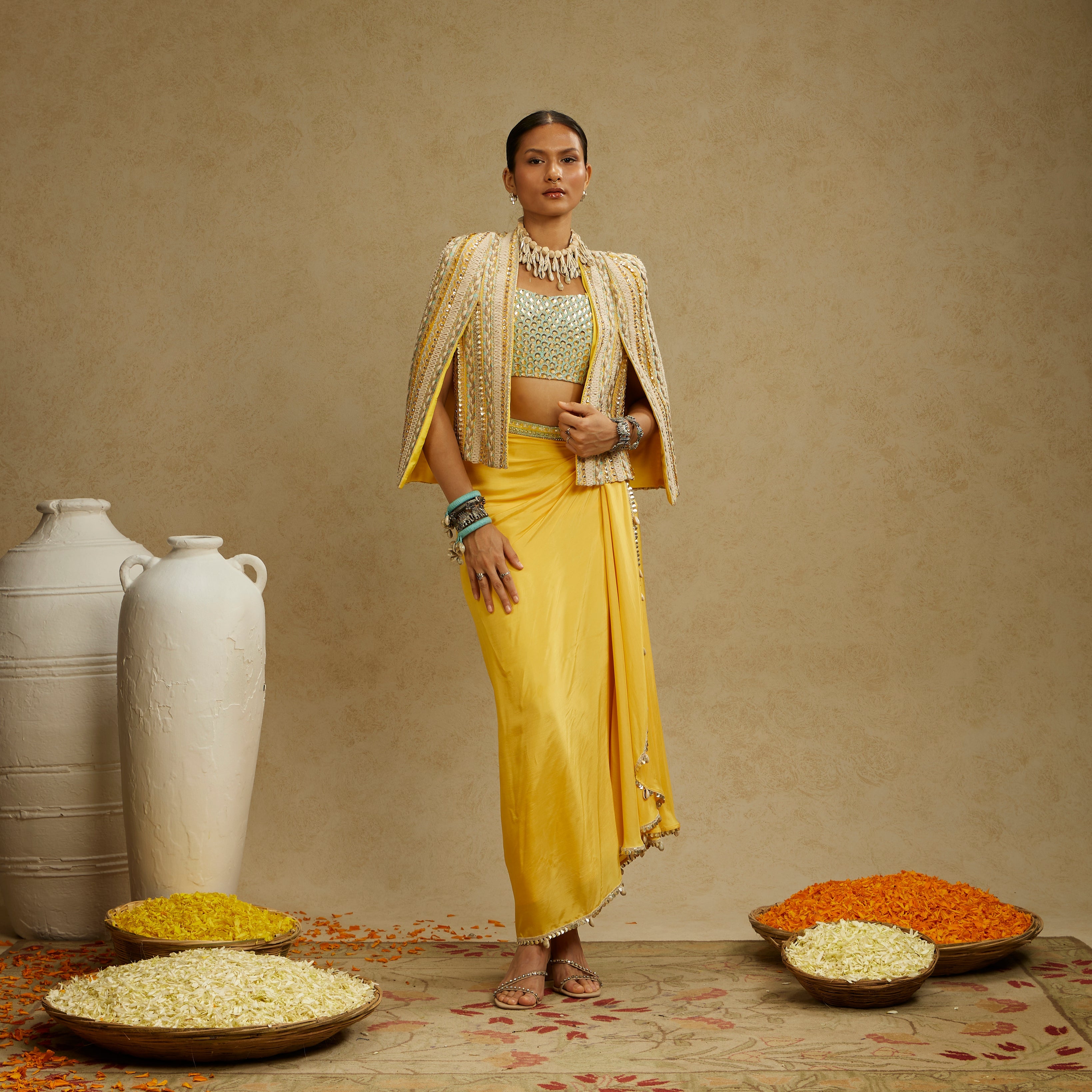 Dandelion Embellished Jacket Paired With Embellished Bustier And High Slit Skirt