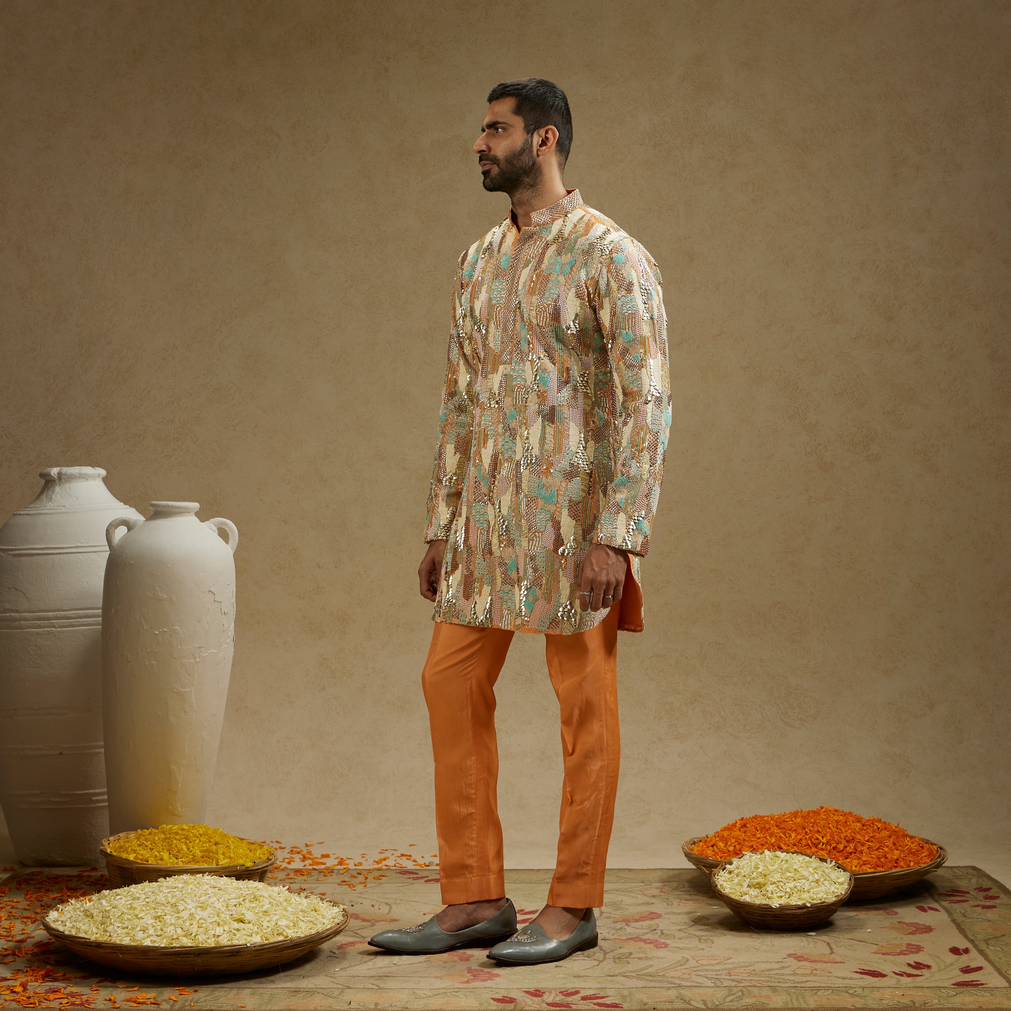 Orange Embellished Kurta Set
