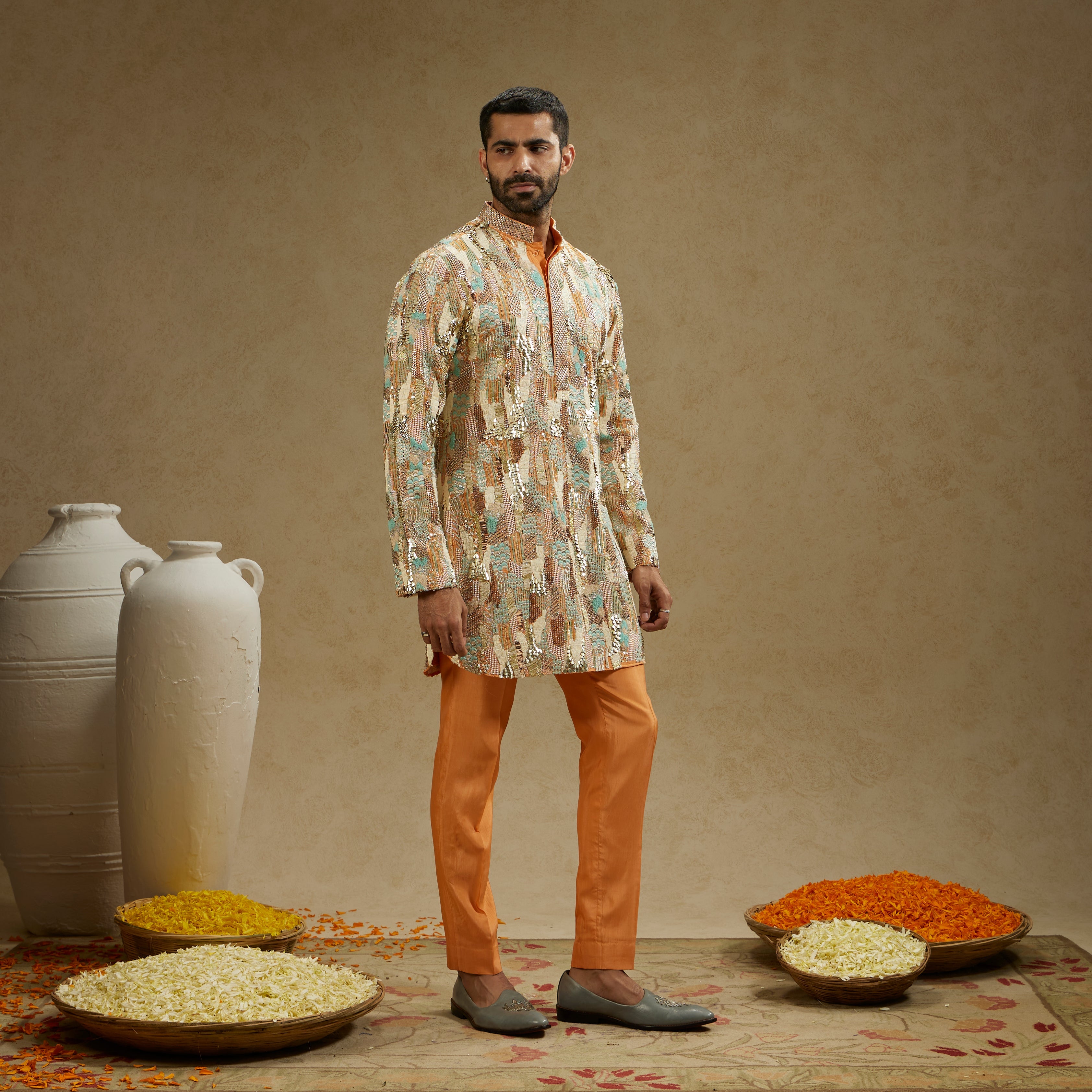 Orange Embellished Kurta Set