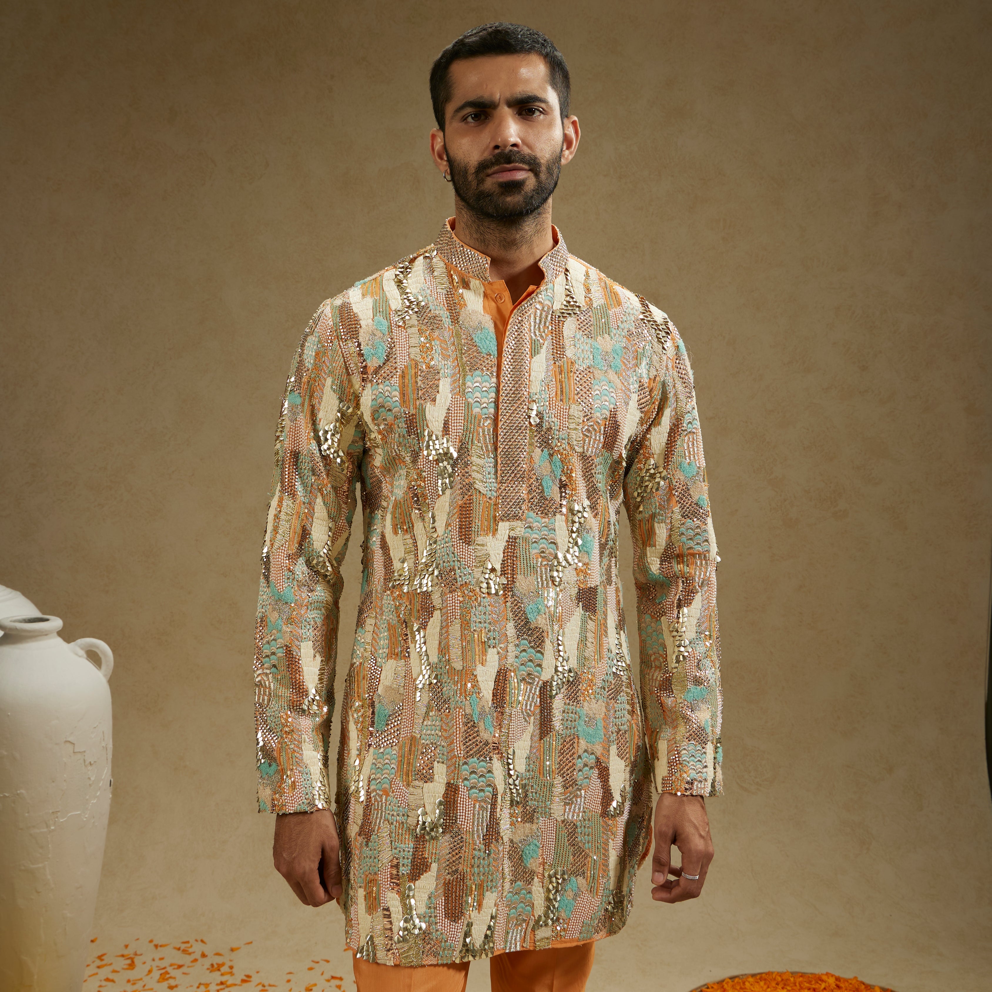 Orange Embellished Kurta Set