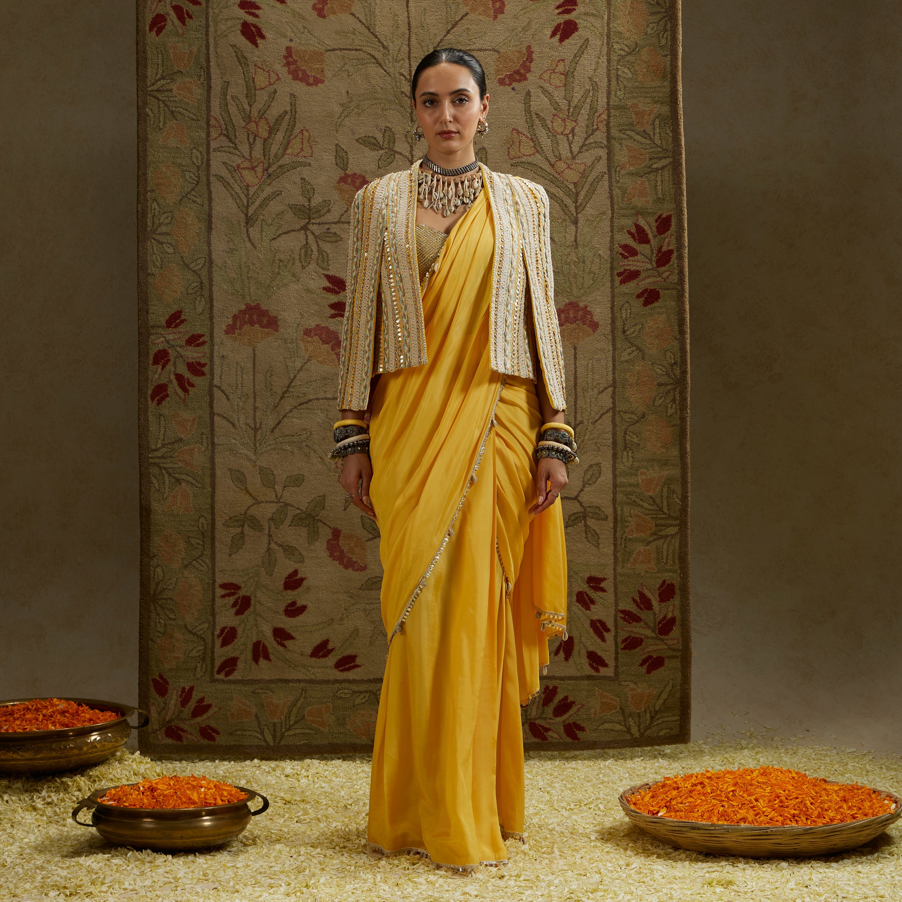 Yellow Embellished Cape Jacket