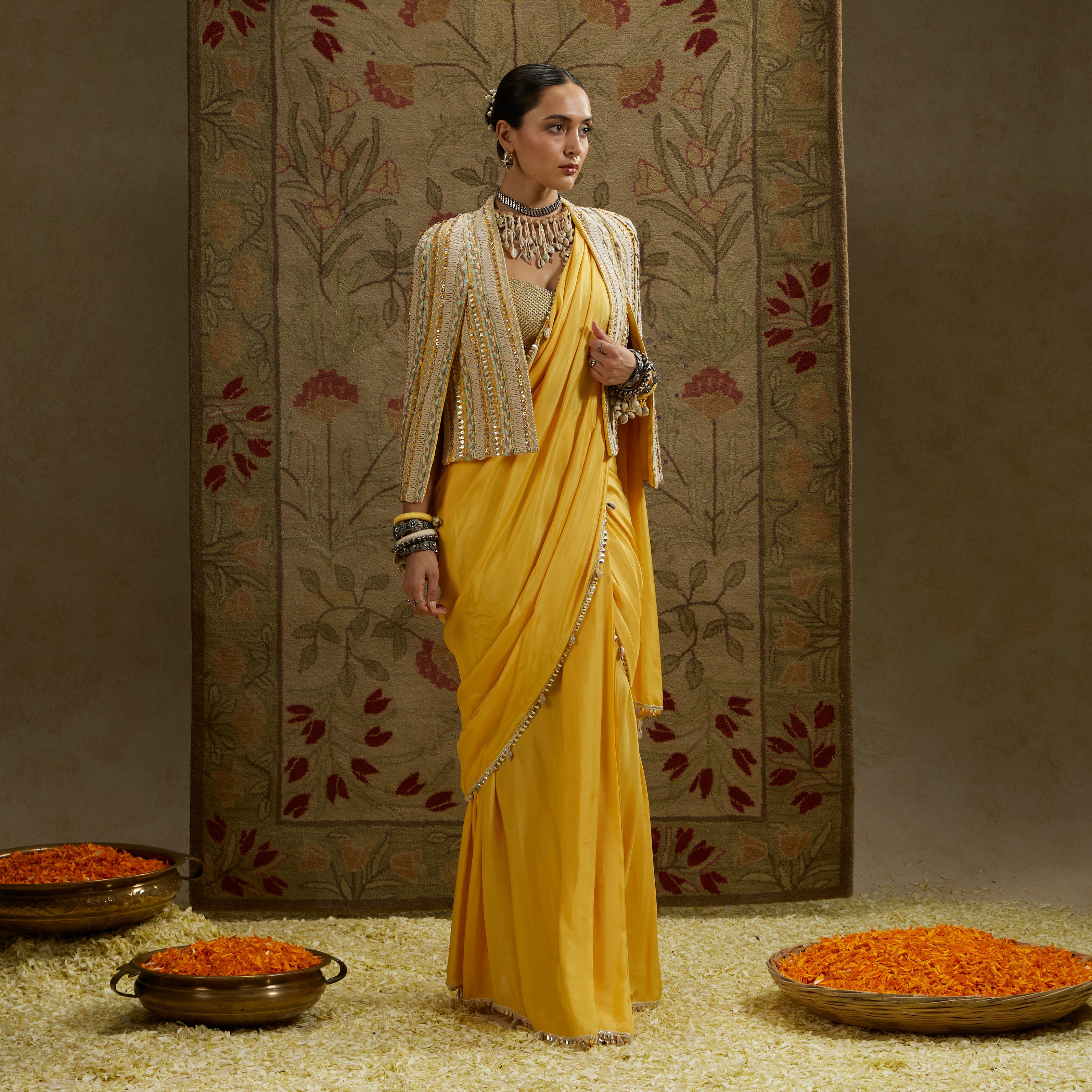Yellow Embellished Cape Jacket