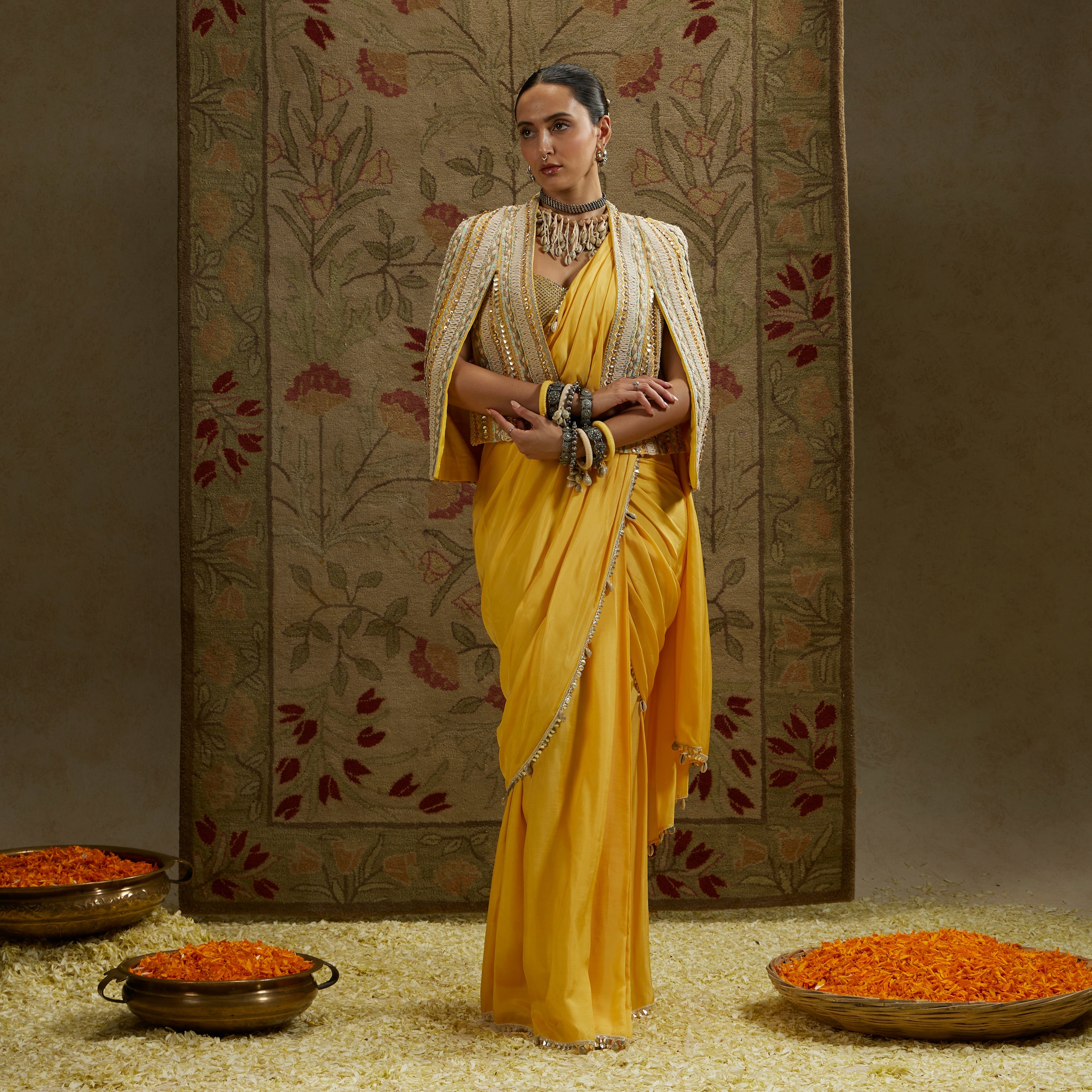 Yellow Embellished Cape Jacket