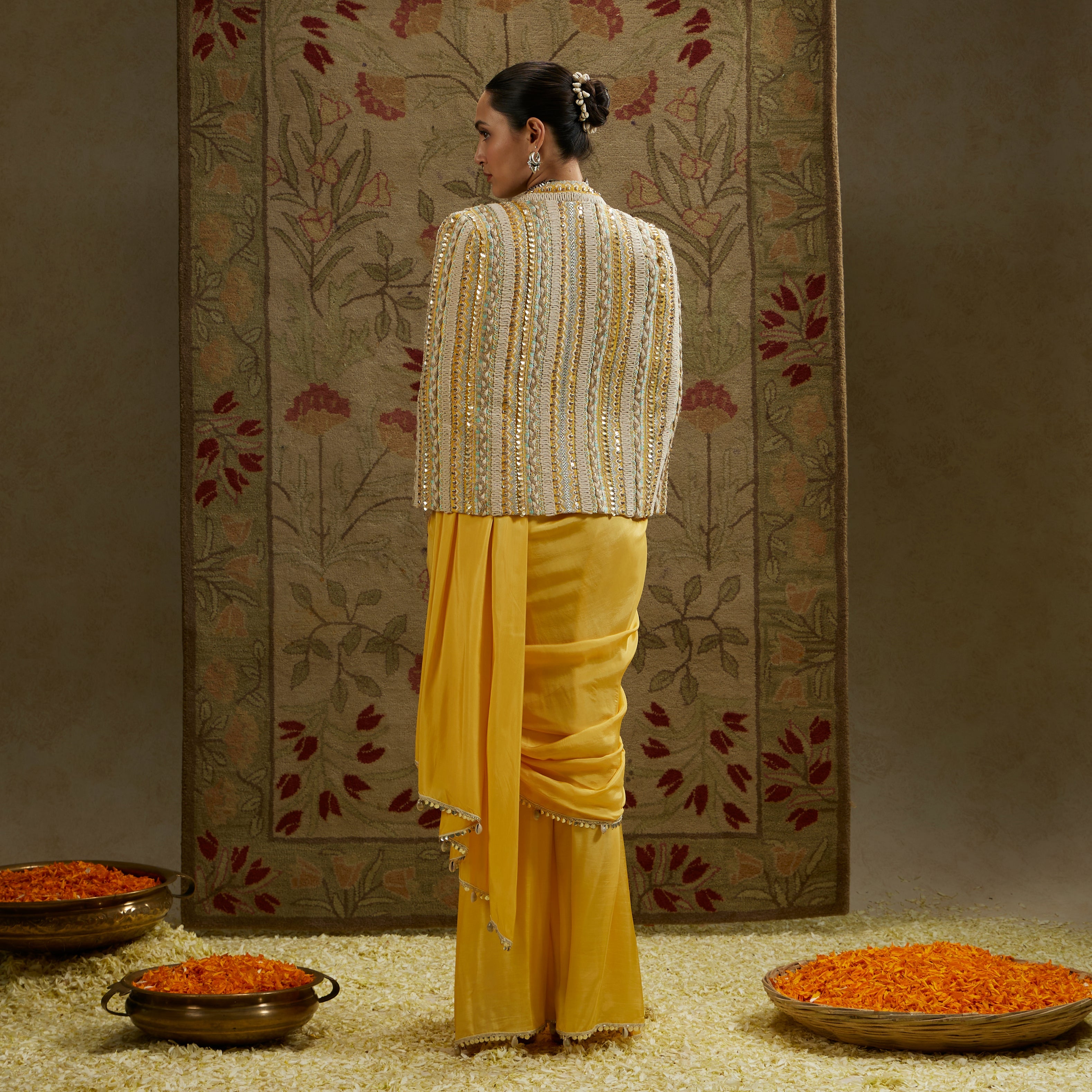 Yellow Embellished Cape Jacket
