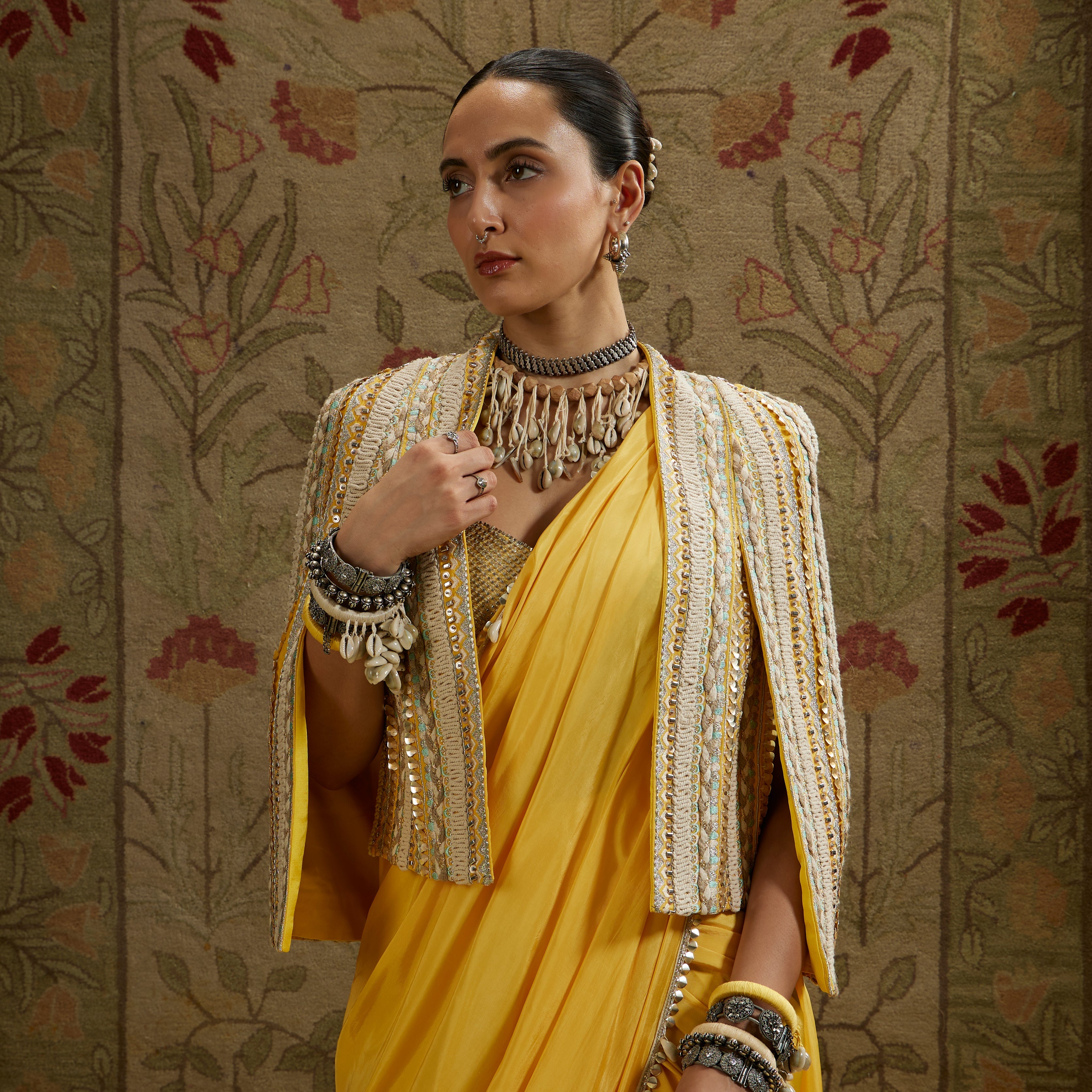 Yellow Embellished Cape Jacket
