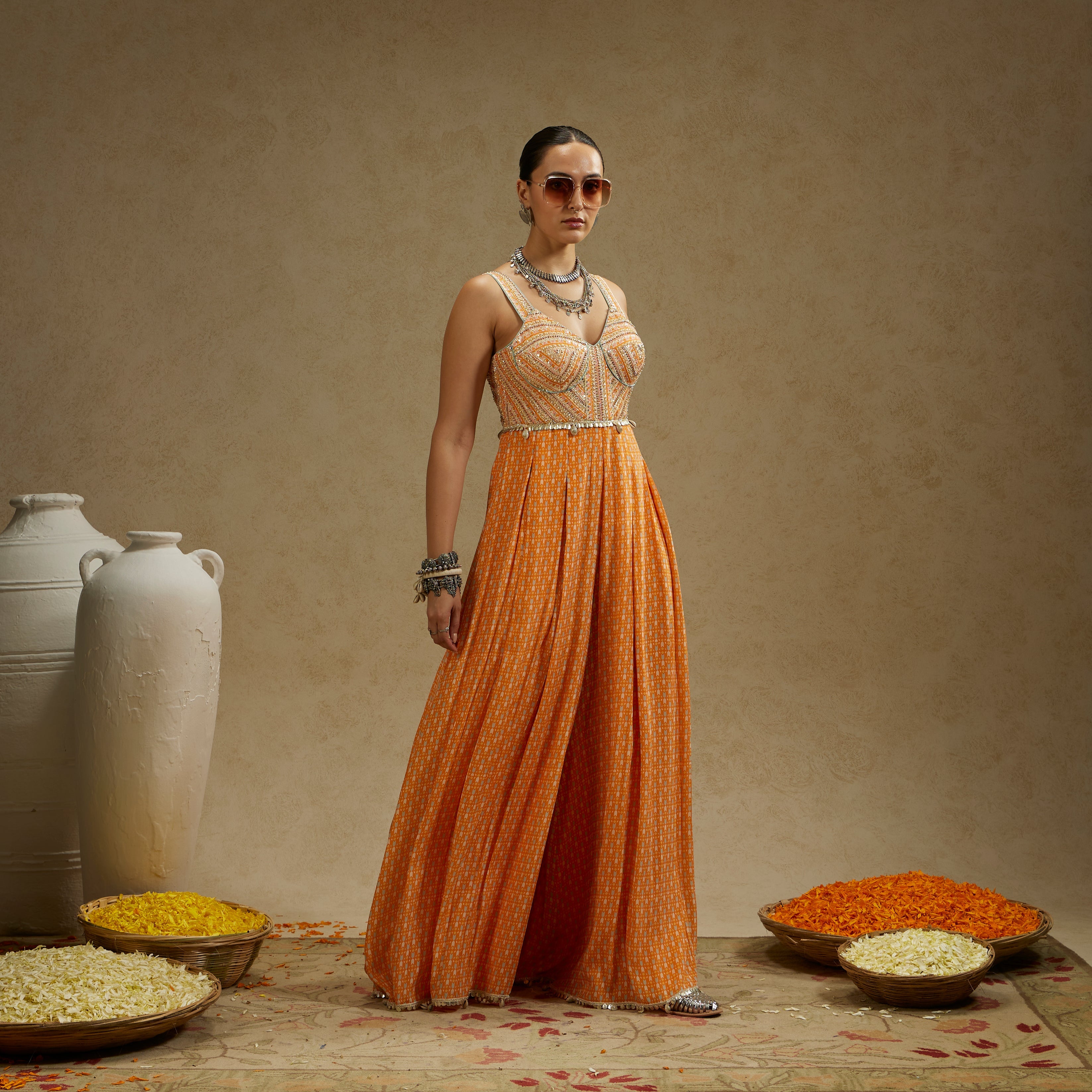 Orange Geo Yoke Embellished Jumpsuit