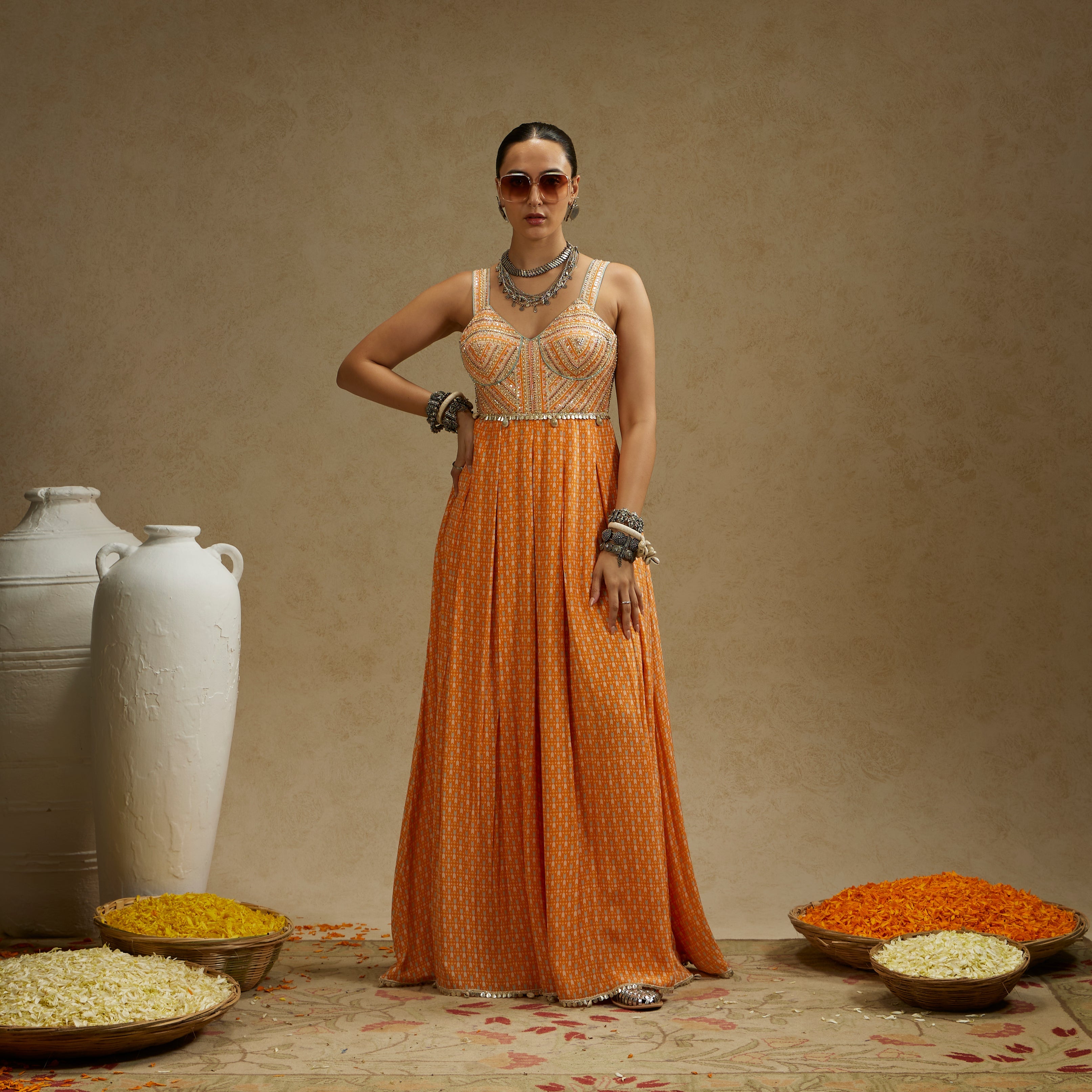 Orange Geo Yoke Embellished Jumpsuit