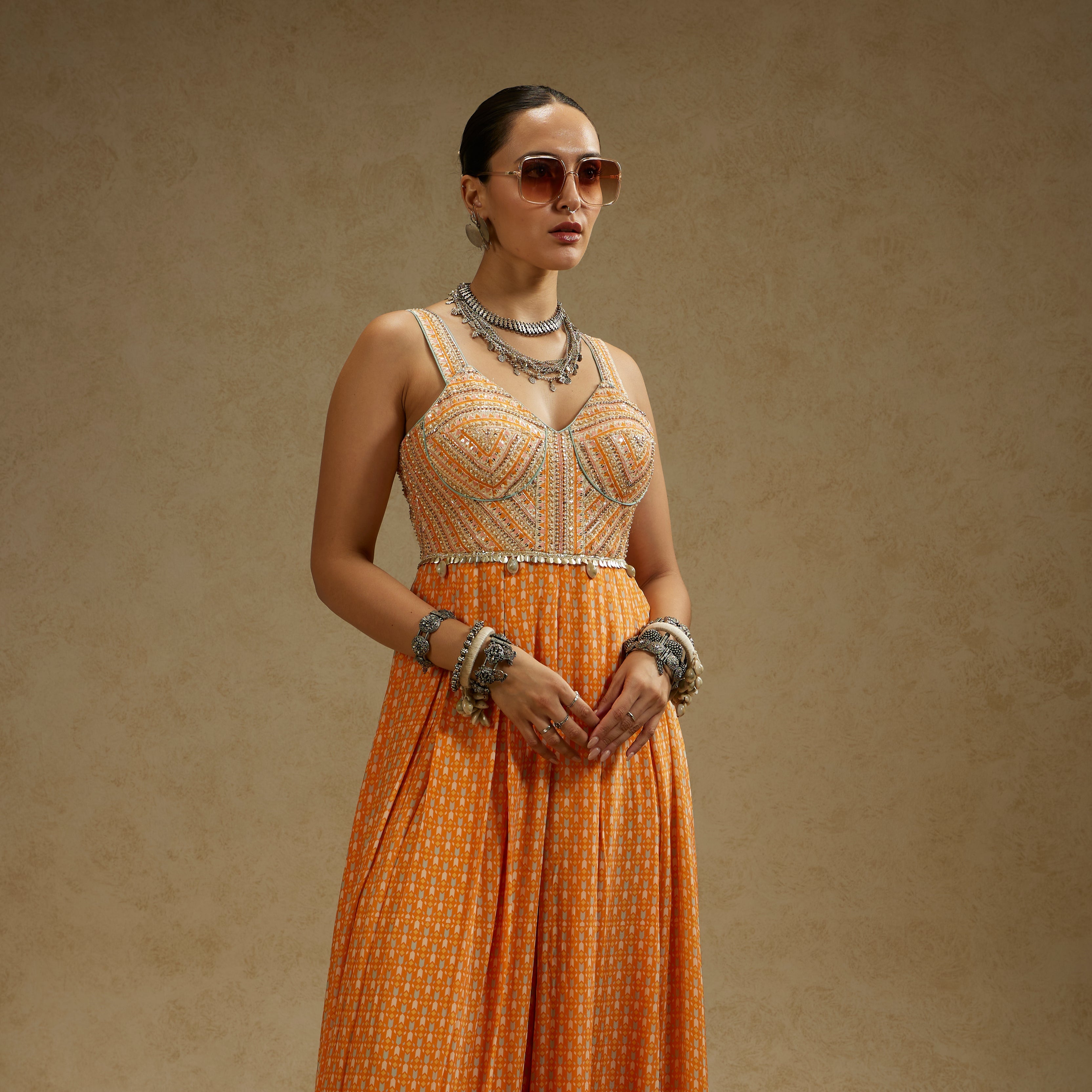 Orange Geo Yoke Embellished Jumpsuit