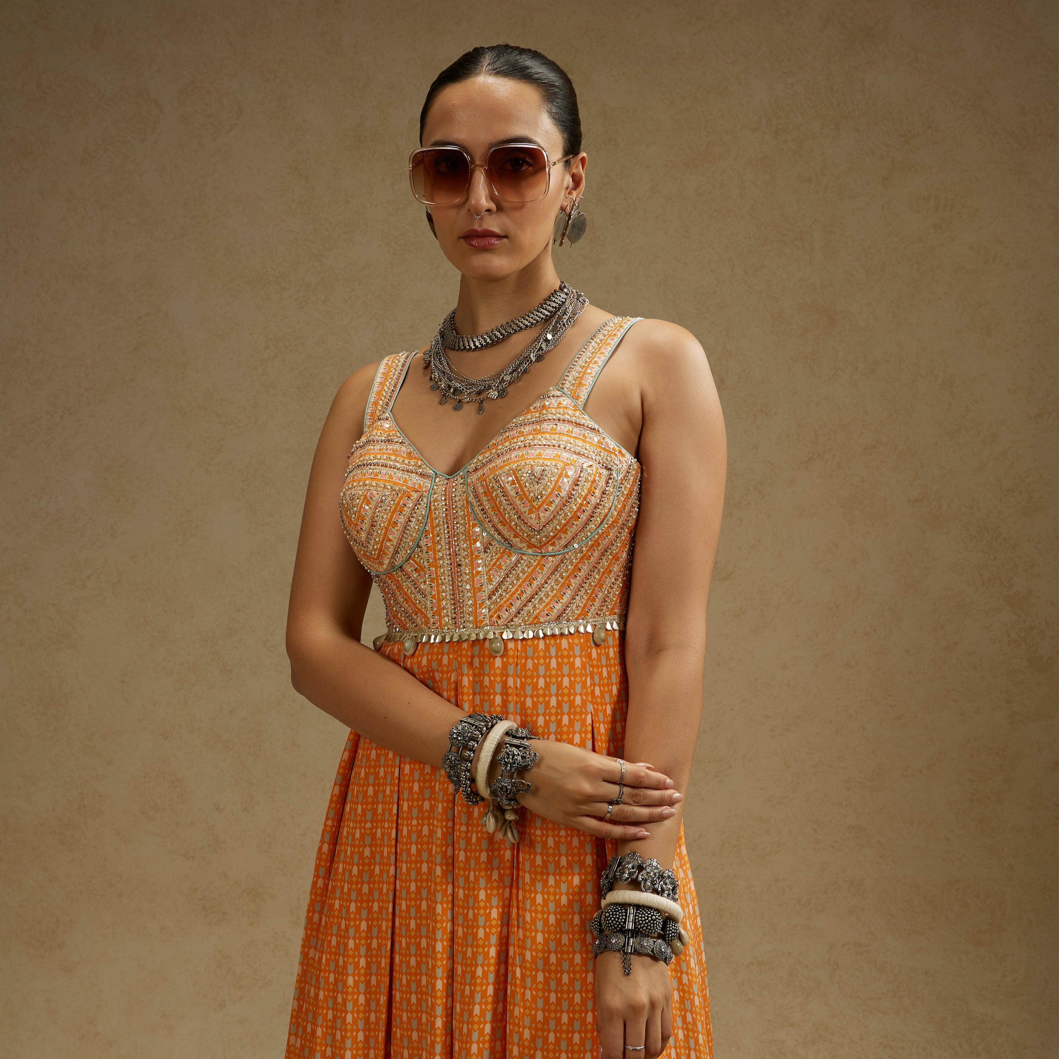 Orange Geo Yoke Embellished Jumpsuit
