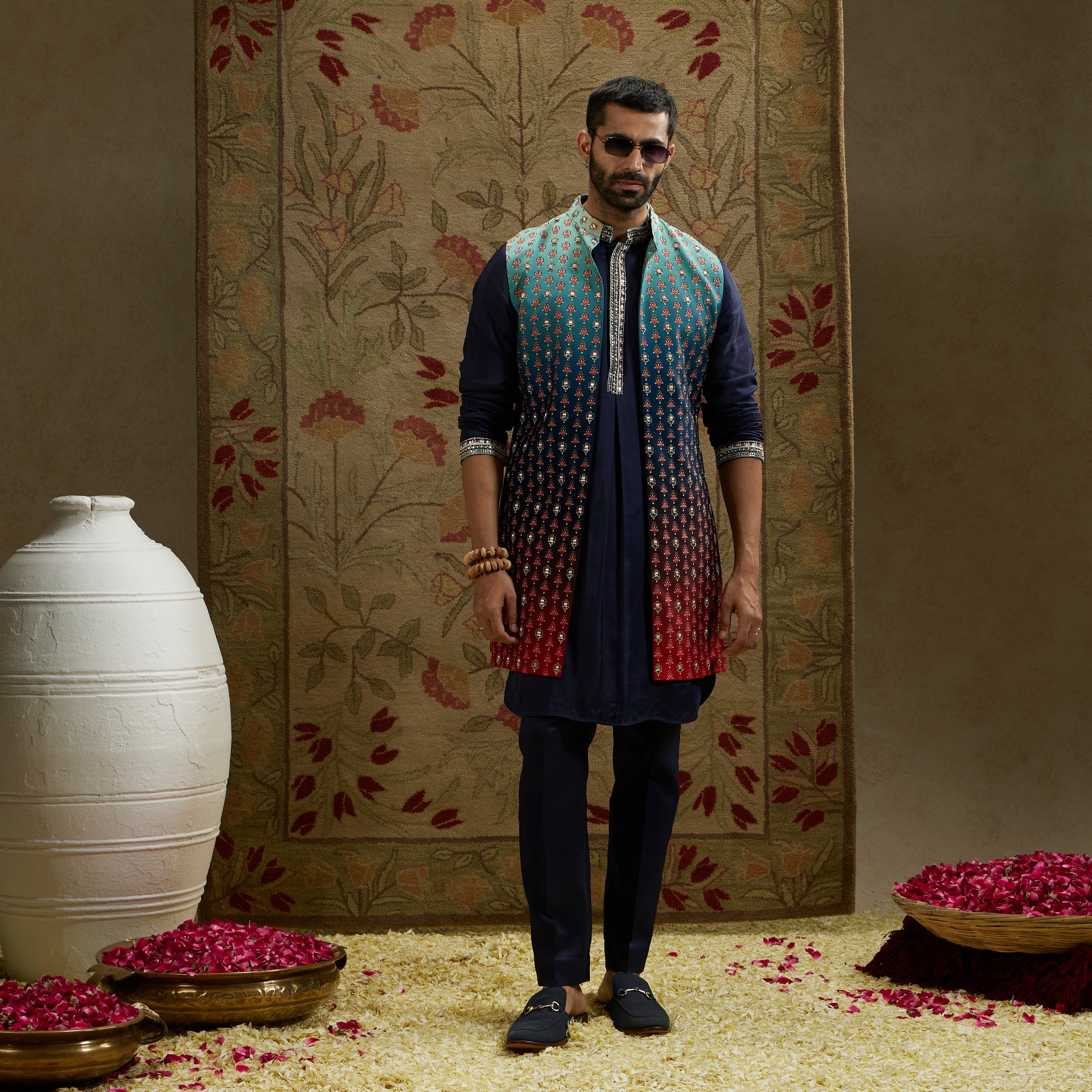 Blue Red Ombre Embroidered Long Bundi Set