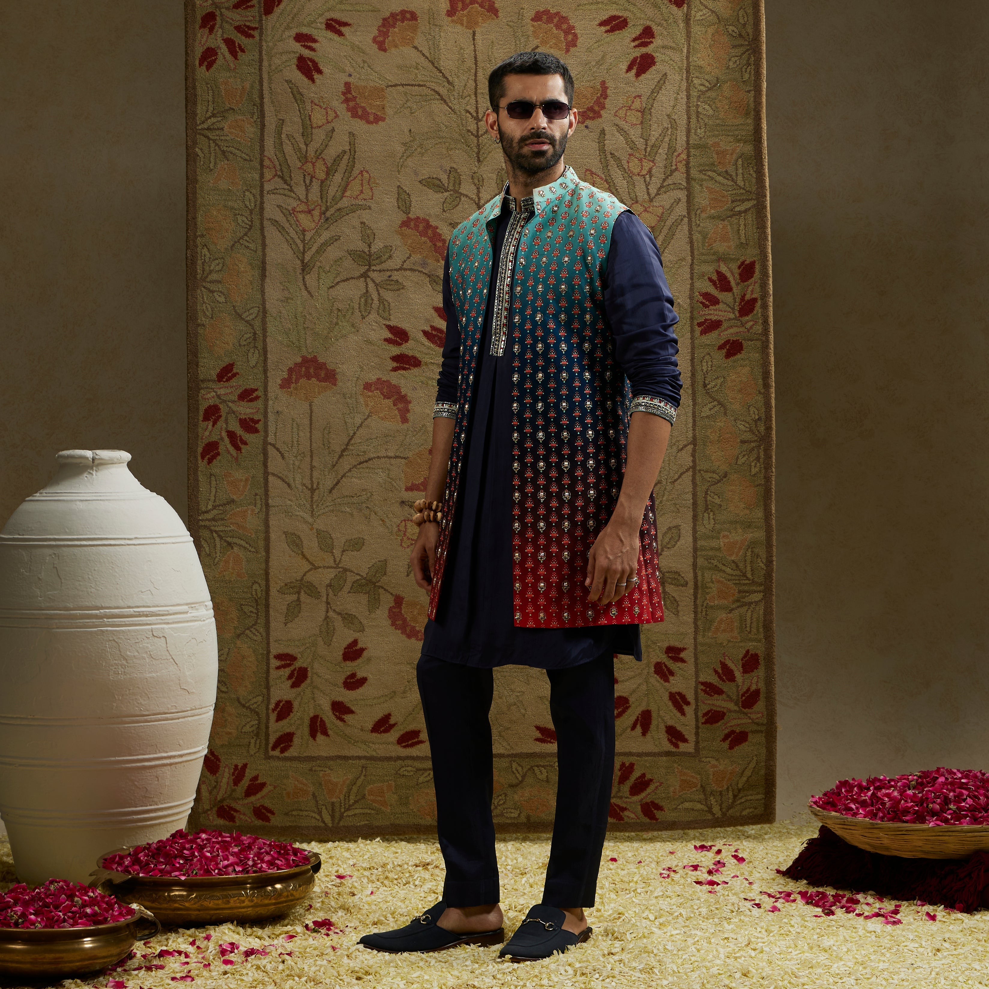 Blue Red Ombre Embroidered Long Bundi Set
