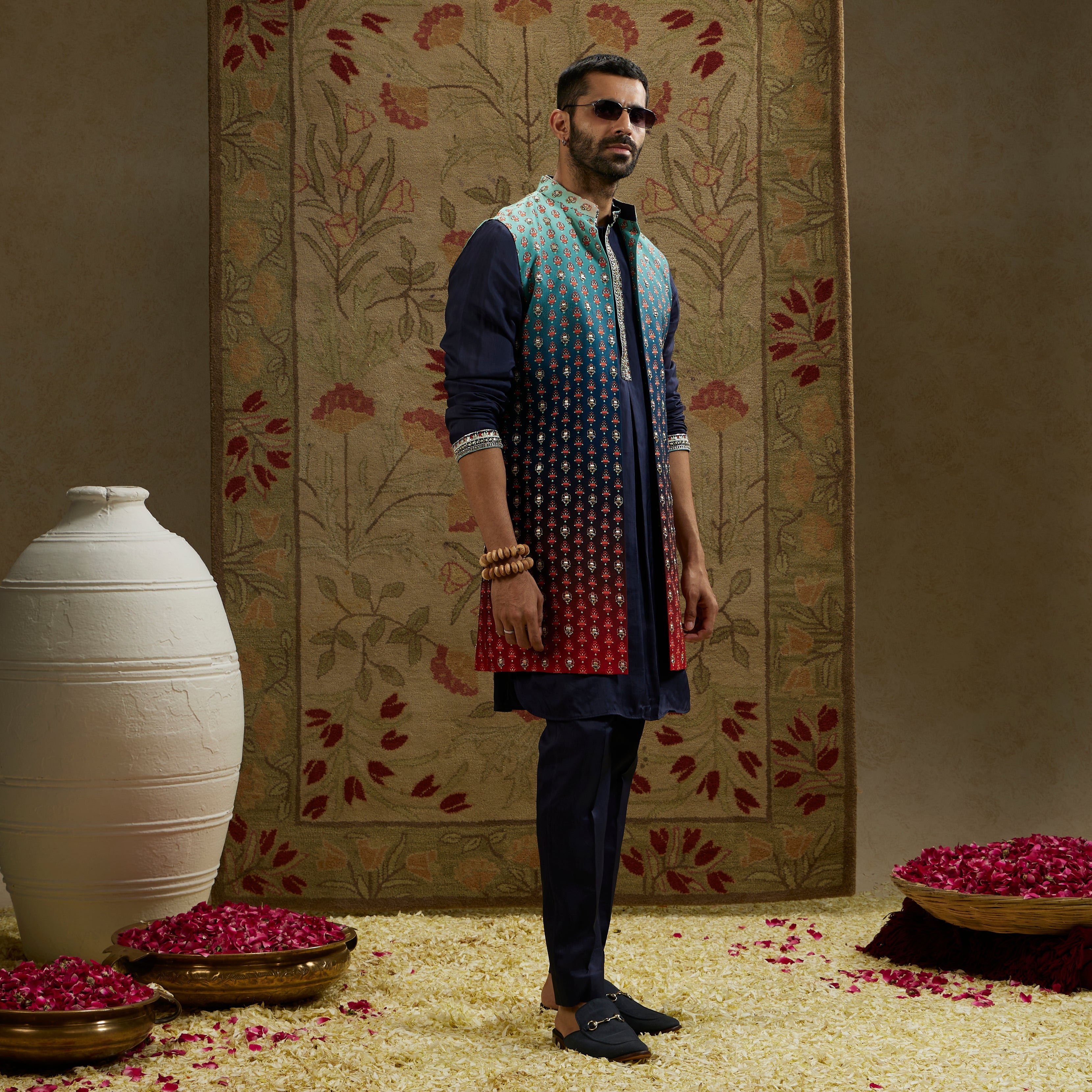 Blue Red Ombre Embroidered Long Bundi Set