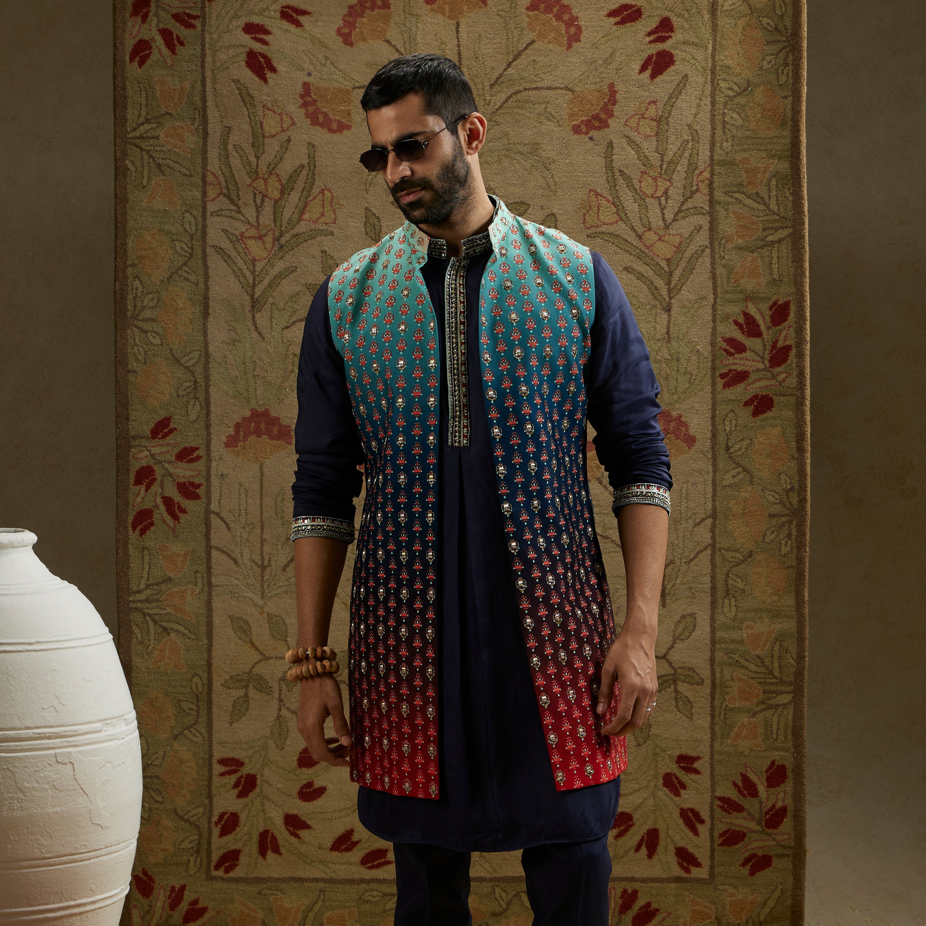 Blue Red Ombre Embroidered Long Bundi Set