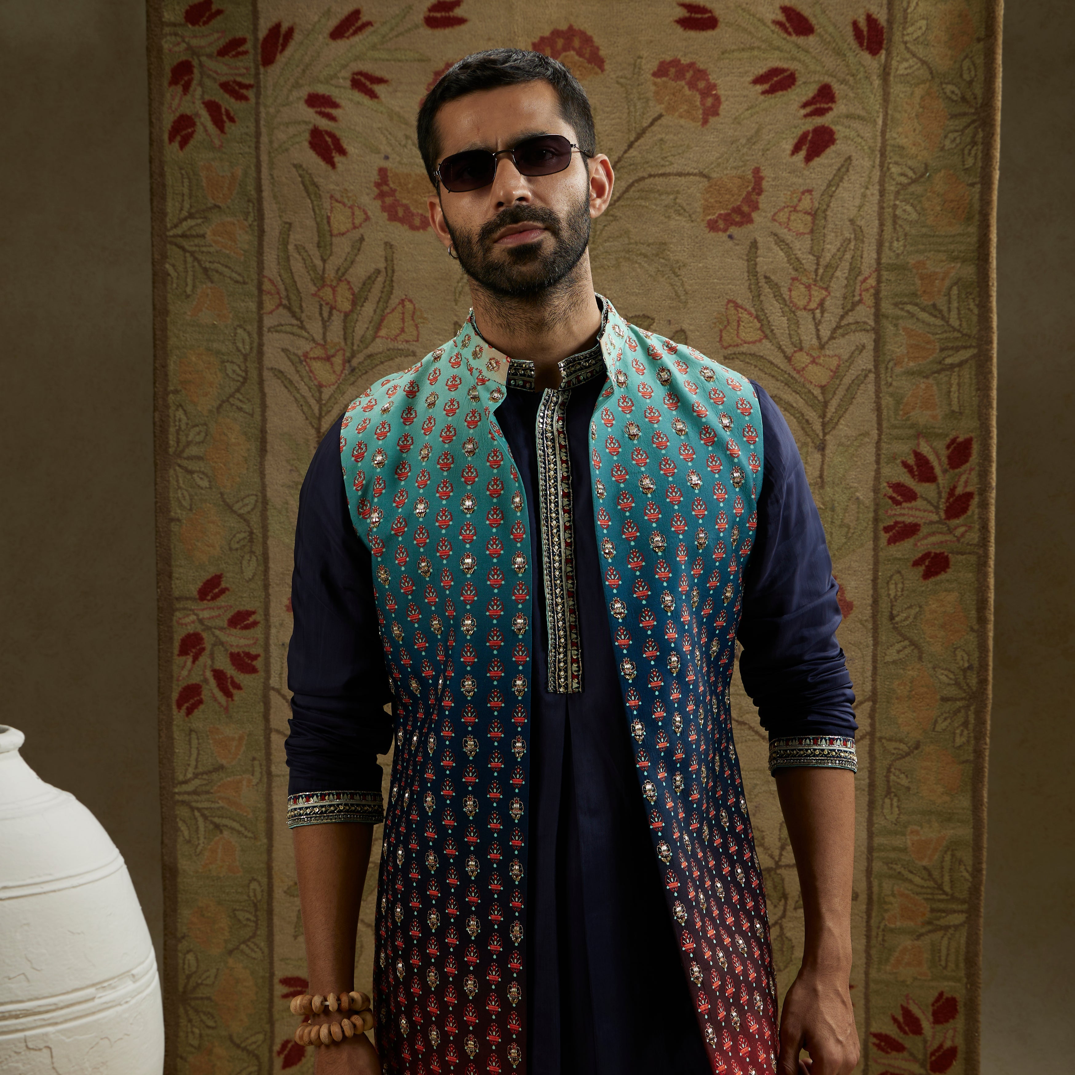 Blue Red Ombre Embroidered Long Bundi Set
