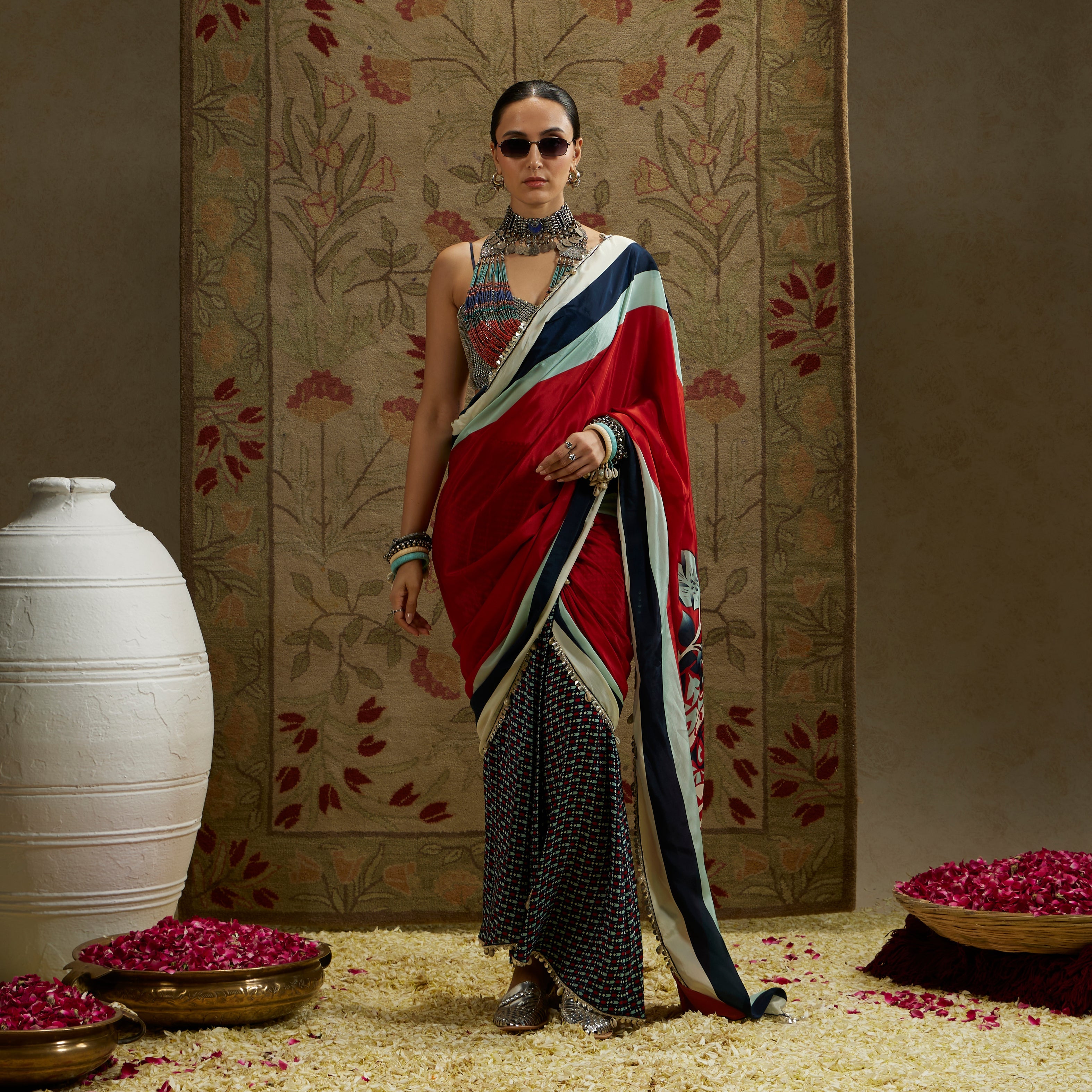 Red Mask Print Cascade Saree With Metal Embellished Bustier