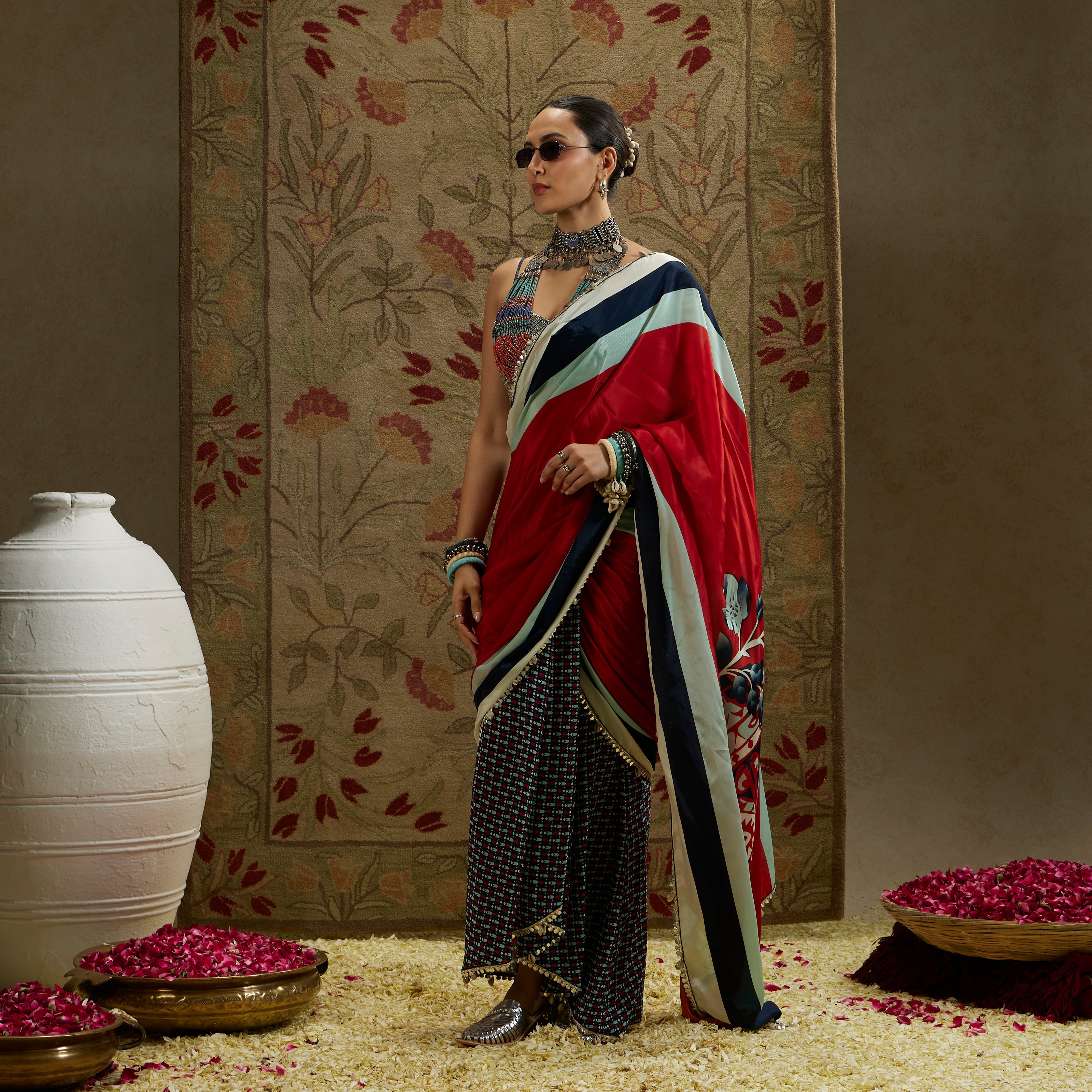 Red Mask Print Cascade Saree With Metal Embellished Bustier