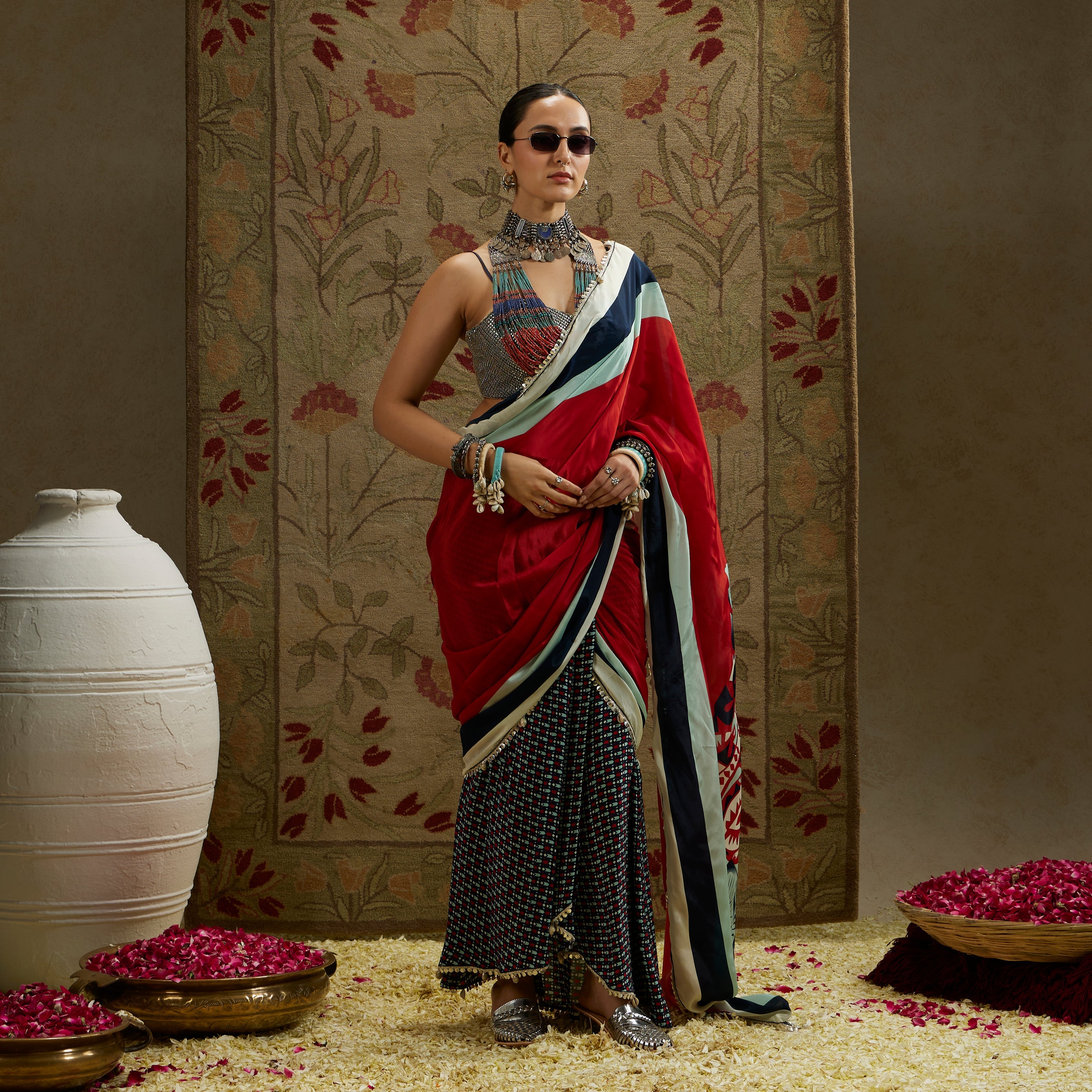 Red Mask Print Cascade Saree With Metal Embellished Bustier