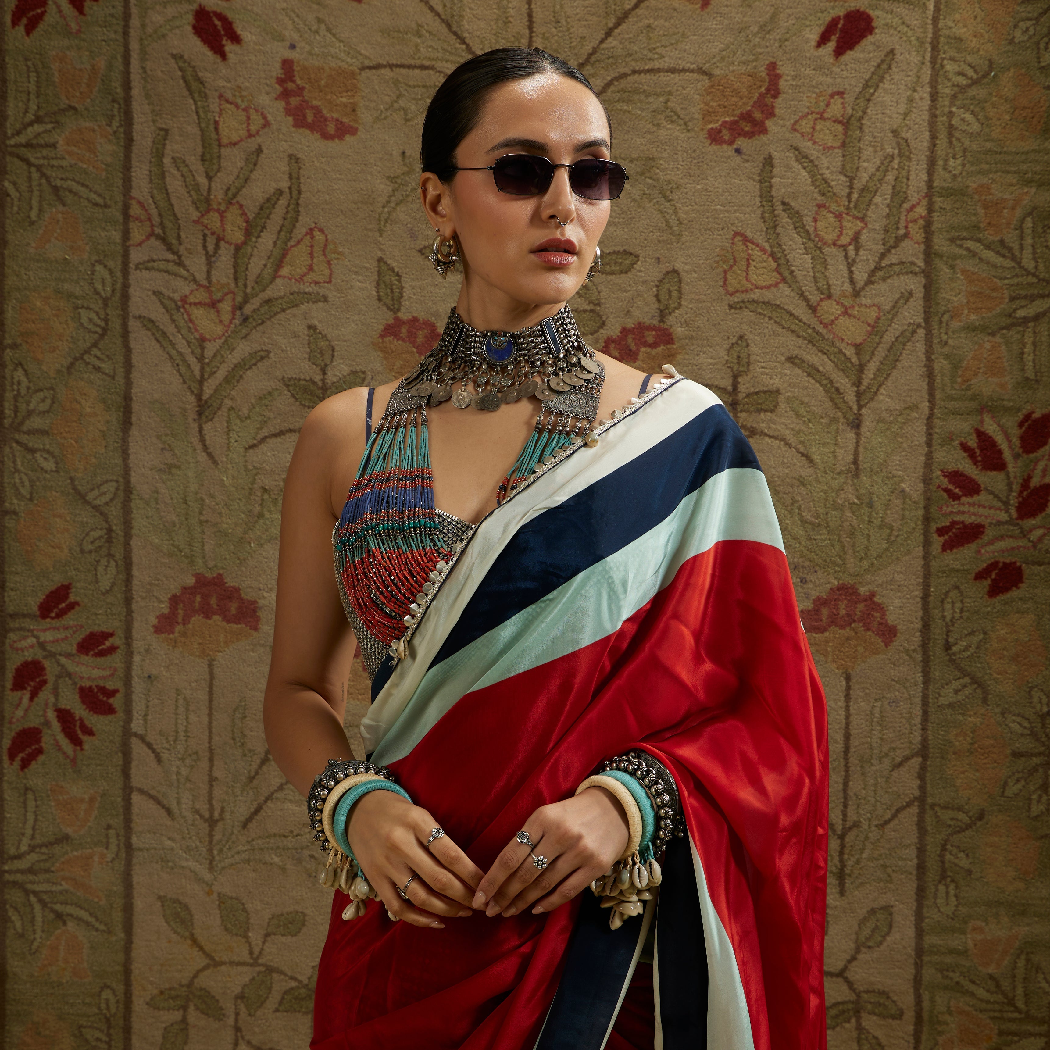 Red Mask Print Cascade Saree With Metal Embellished Bustier