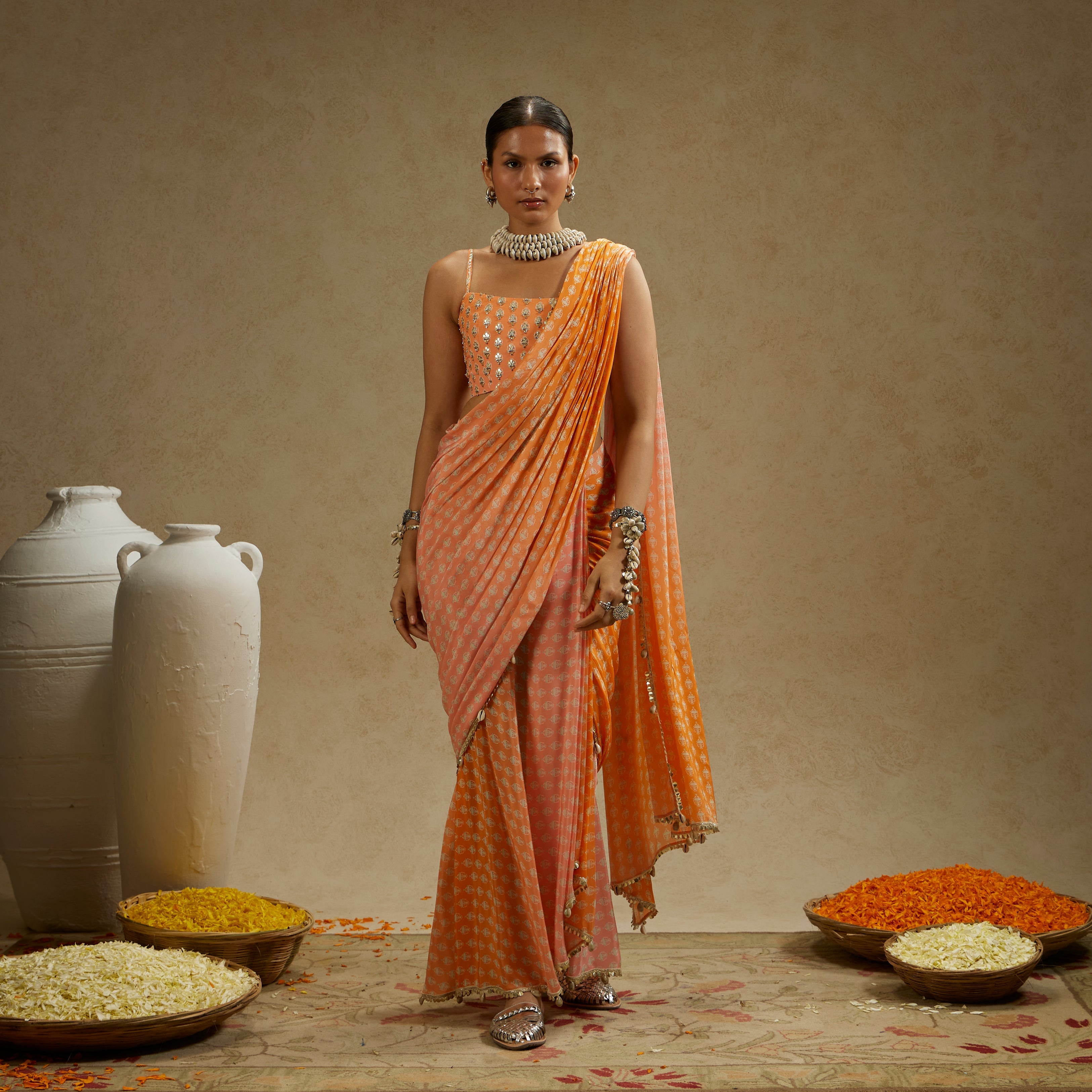 Orange Pink Ombre Print Cascade Saree With Bustier