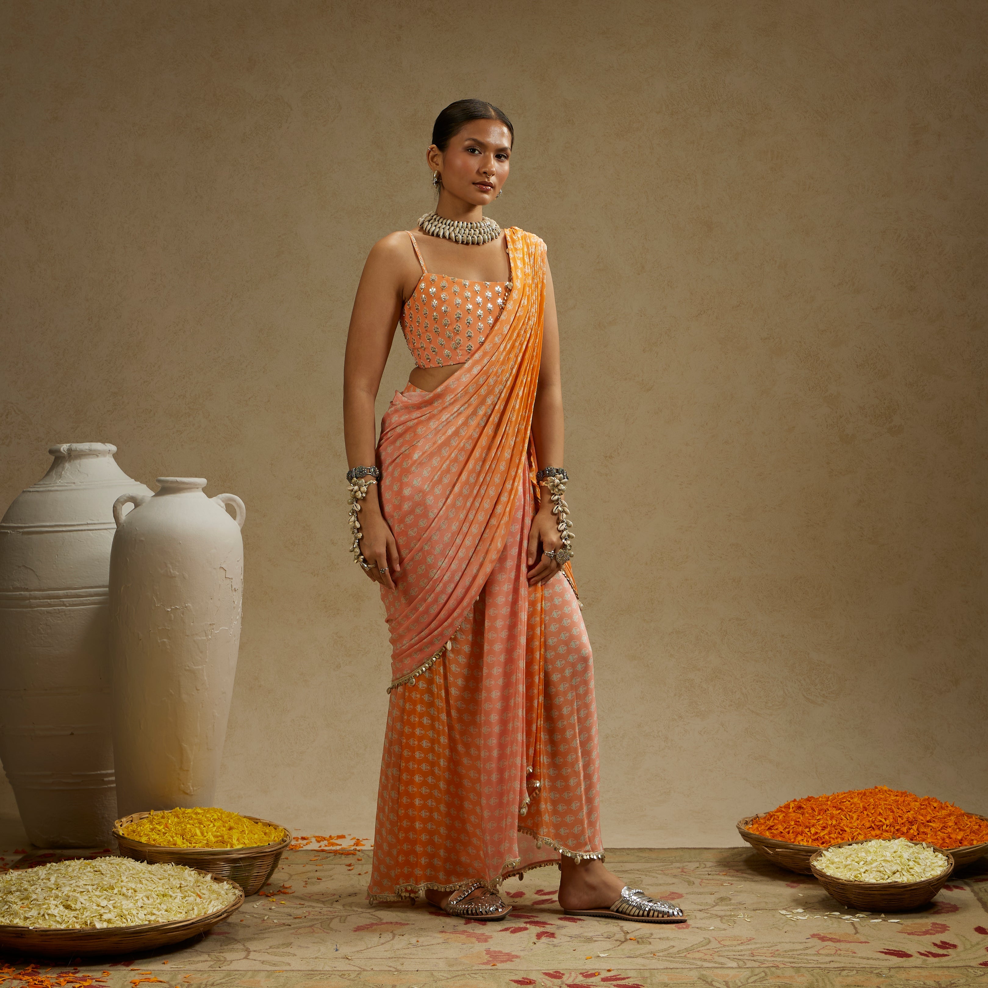 Orange Pink Ombre Print Cascade Saree With Bustier