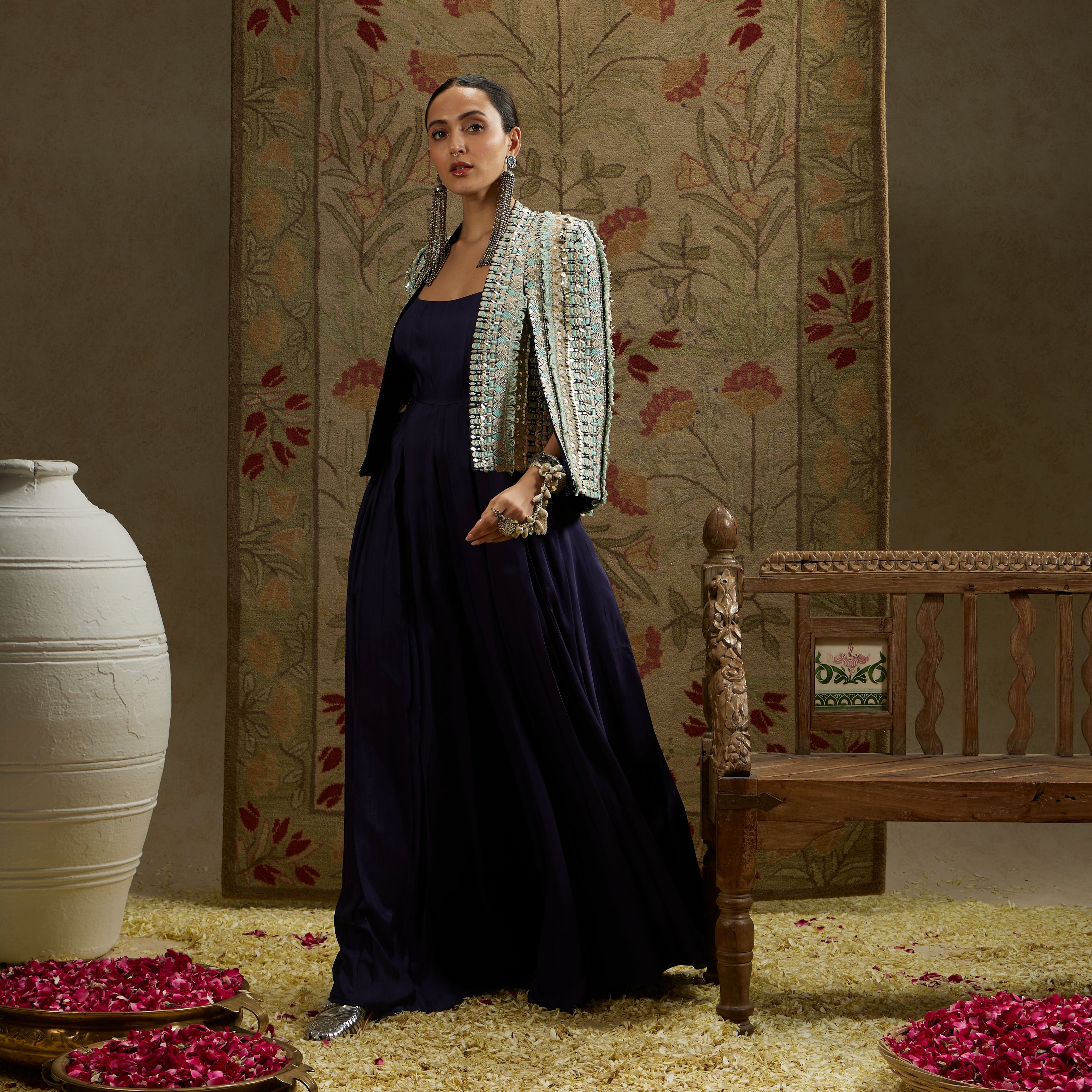 Teal Blue Embellished Jacket With Midnight Blue Jumpsuit