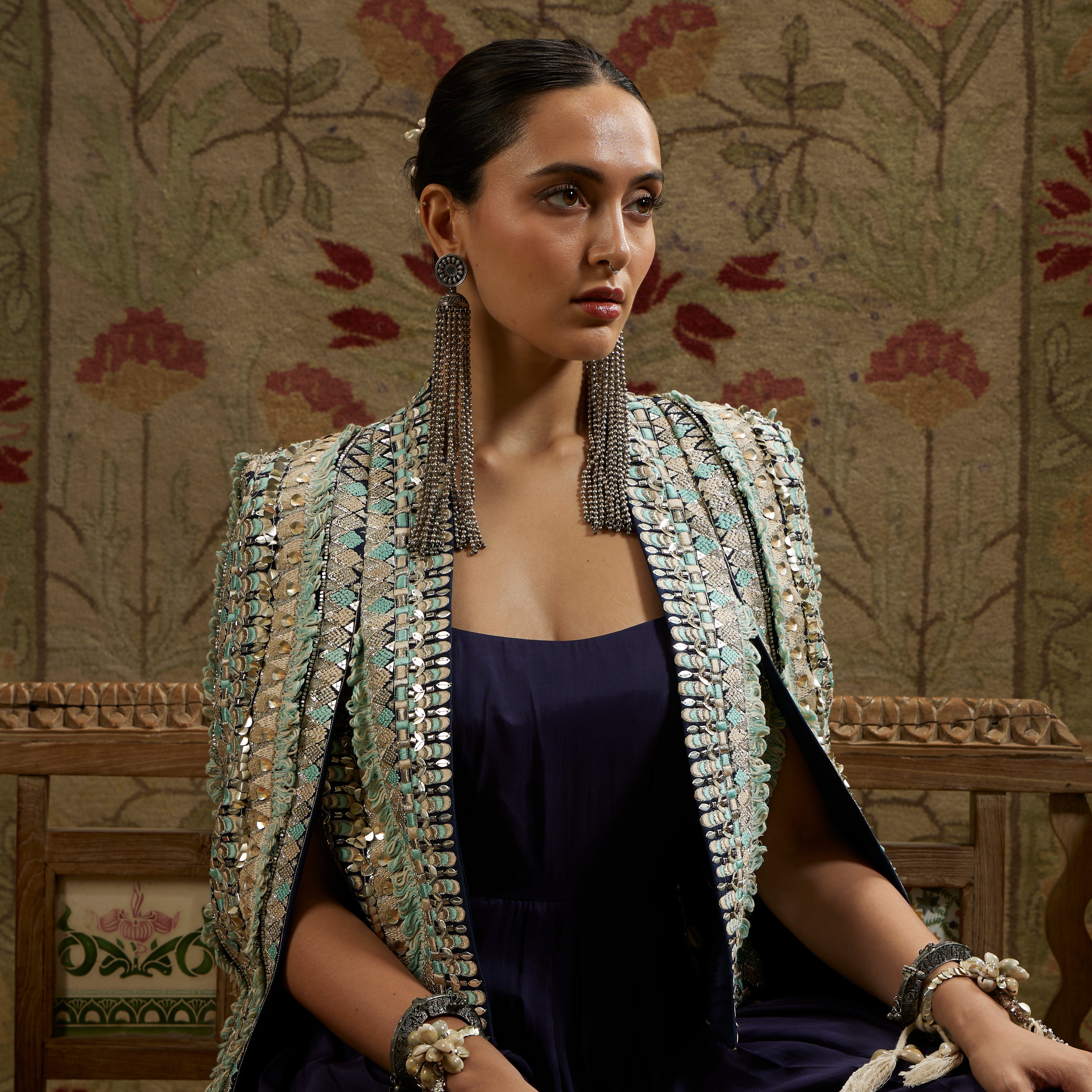 Teal Blue Embellished Jacket