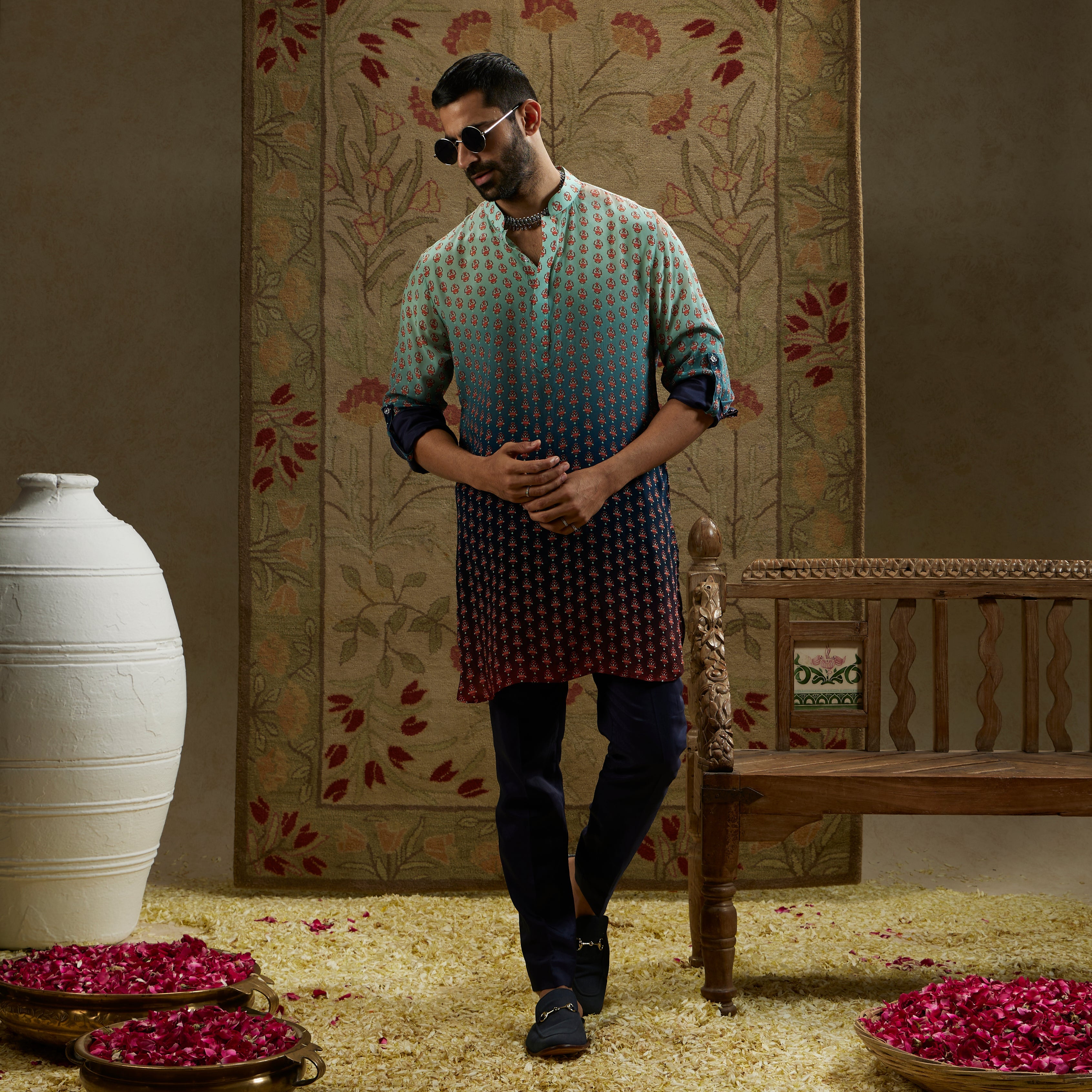 Blue Red Ombre Butti Print Rolled Up Sleeves