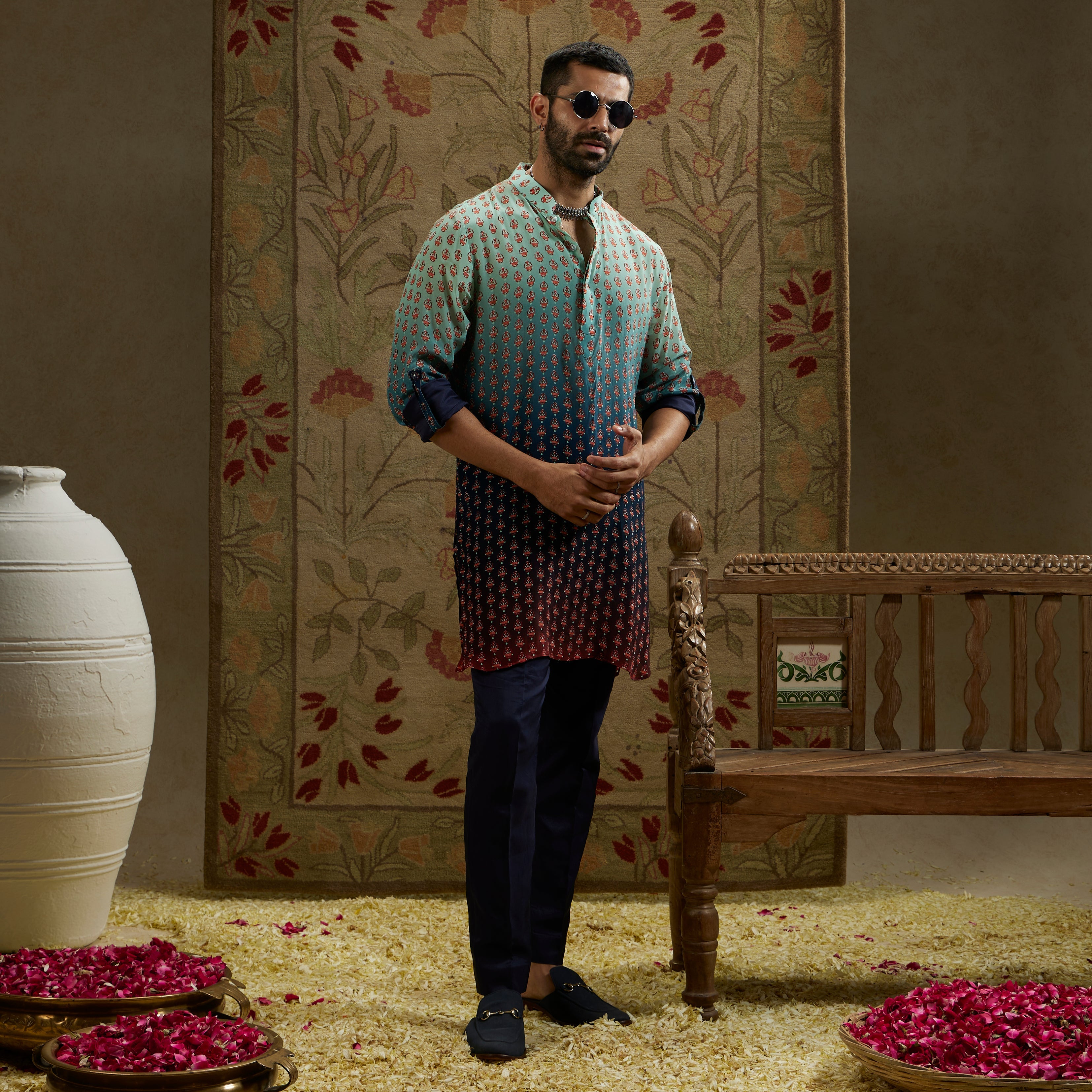 Blue Red Ombre Butti Print Rolled Up Sleeves