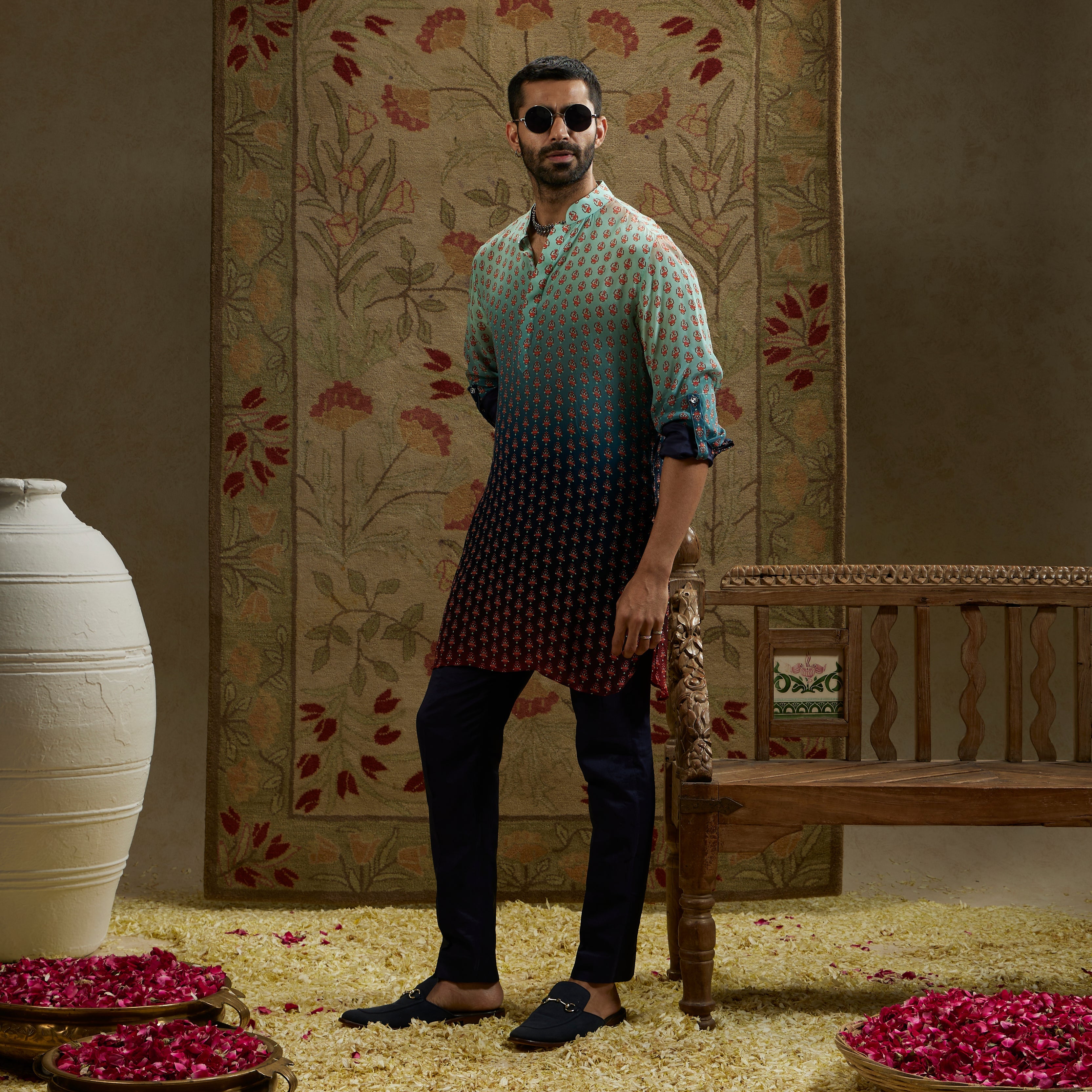 Blue Red Ombre Butti Print Rolled Up Sleeves